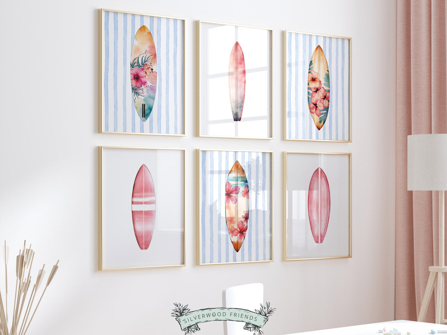 Surfboard Print Set of 6, Pastel Coastal Surfboard Wall Art, Digital Download Prints