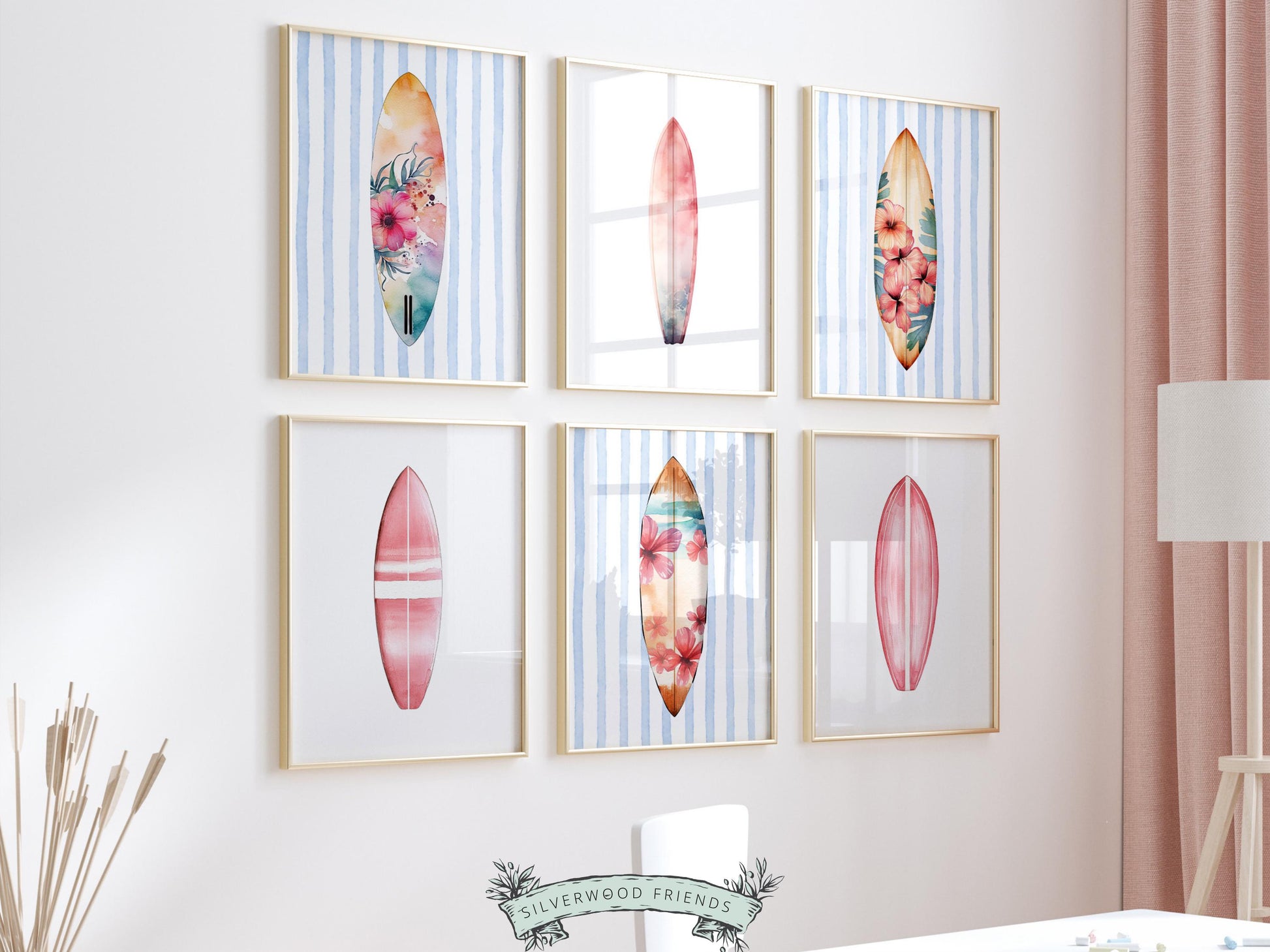 Surfboard Print Set of 6, Pastel Coastal Surfboard Wall Art, Digital Download Prints
