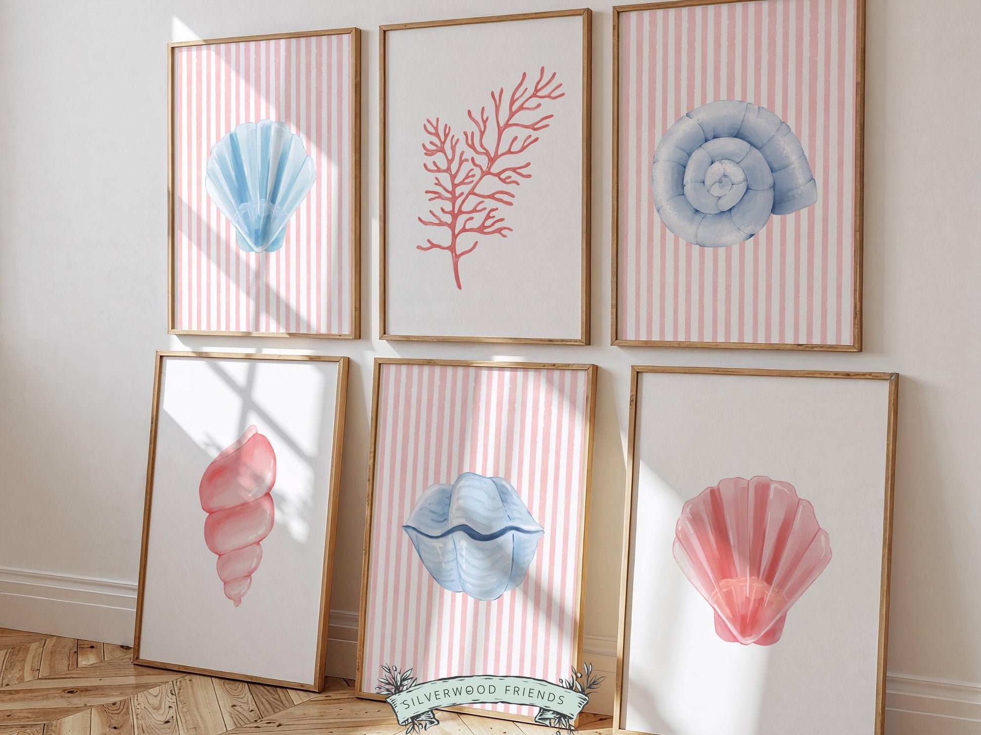 Pastel Seashell Prints Set of 6, Beach House Shell Wall Decor, Digital Download Prints
