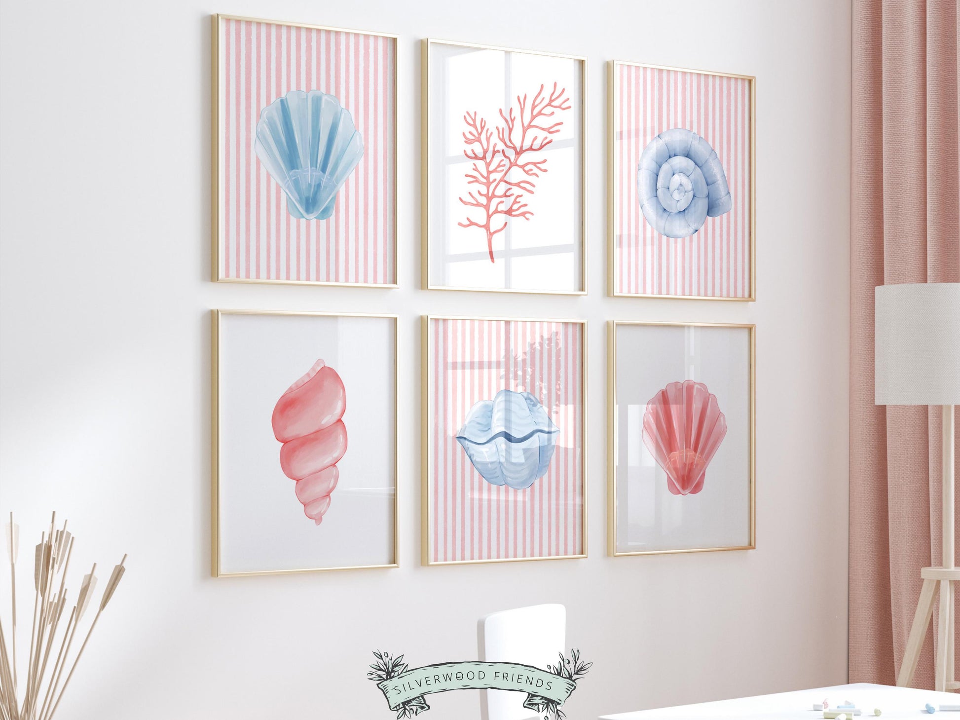 Pastel Seashell Prints Set of 6, Beach House Shell Wall Decor, Digital Download Prints
