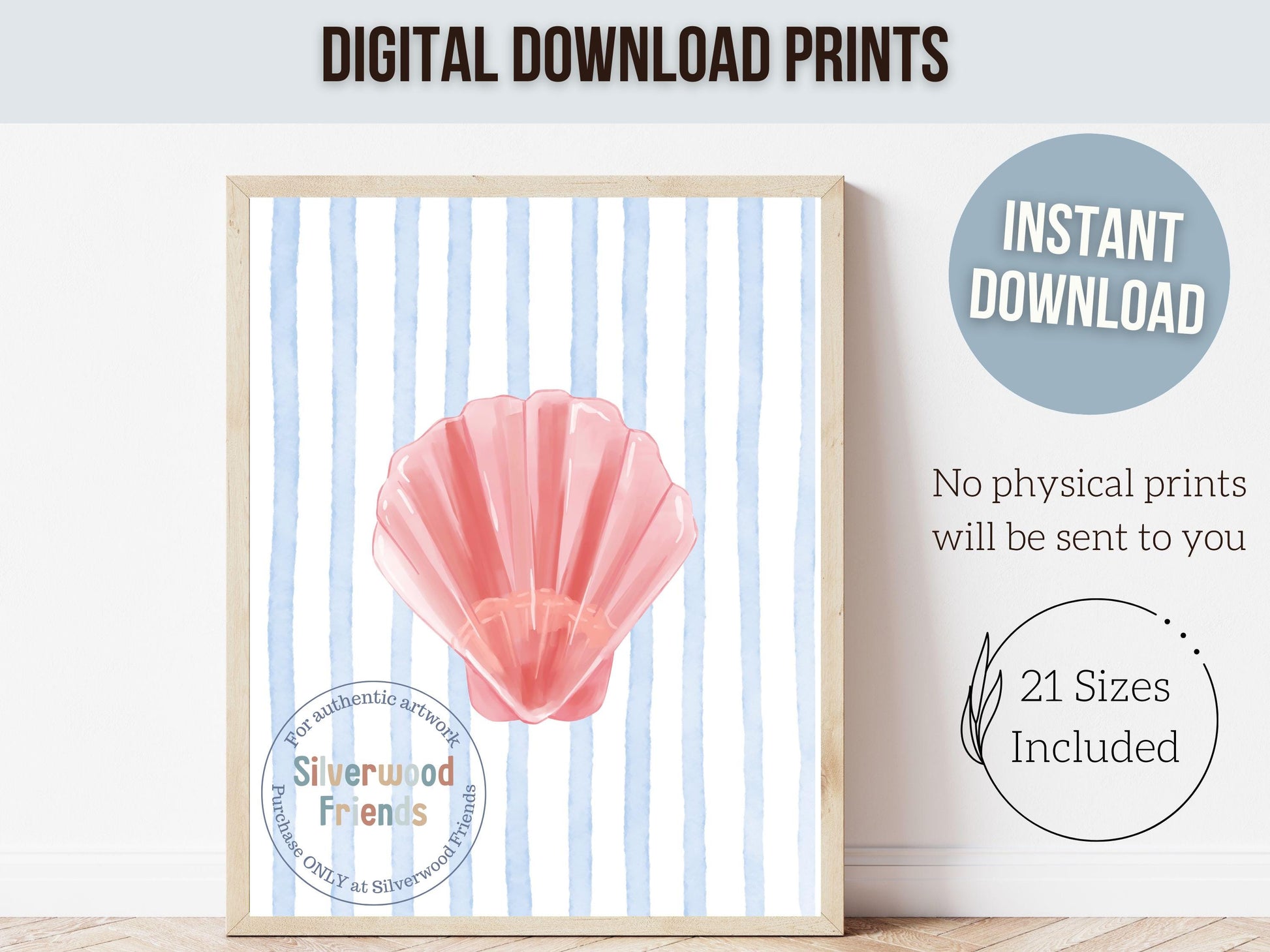 Seashell Prints Set of 6, Pastel Beach House Shell Wall Decor, Digital Download Prints