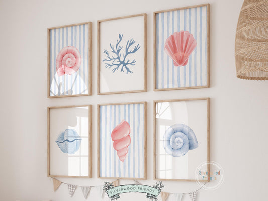 Seashell Prints Set of 6, Pastel Beach House Shell Wall Decor, Digital Download Prints