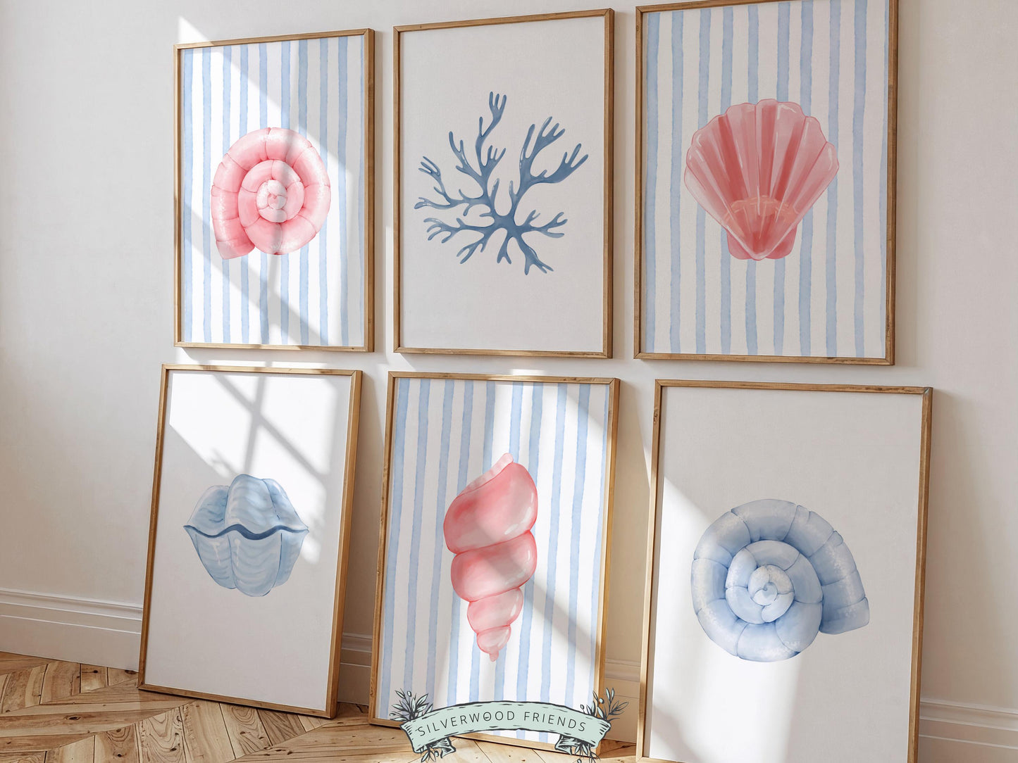 Seashell Prints Set of 6, Pastel Beach House Shell Wall Decor, Digital Download Prints