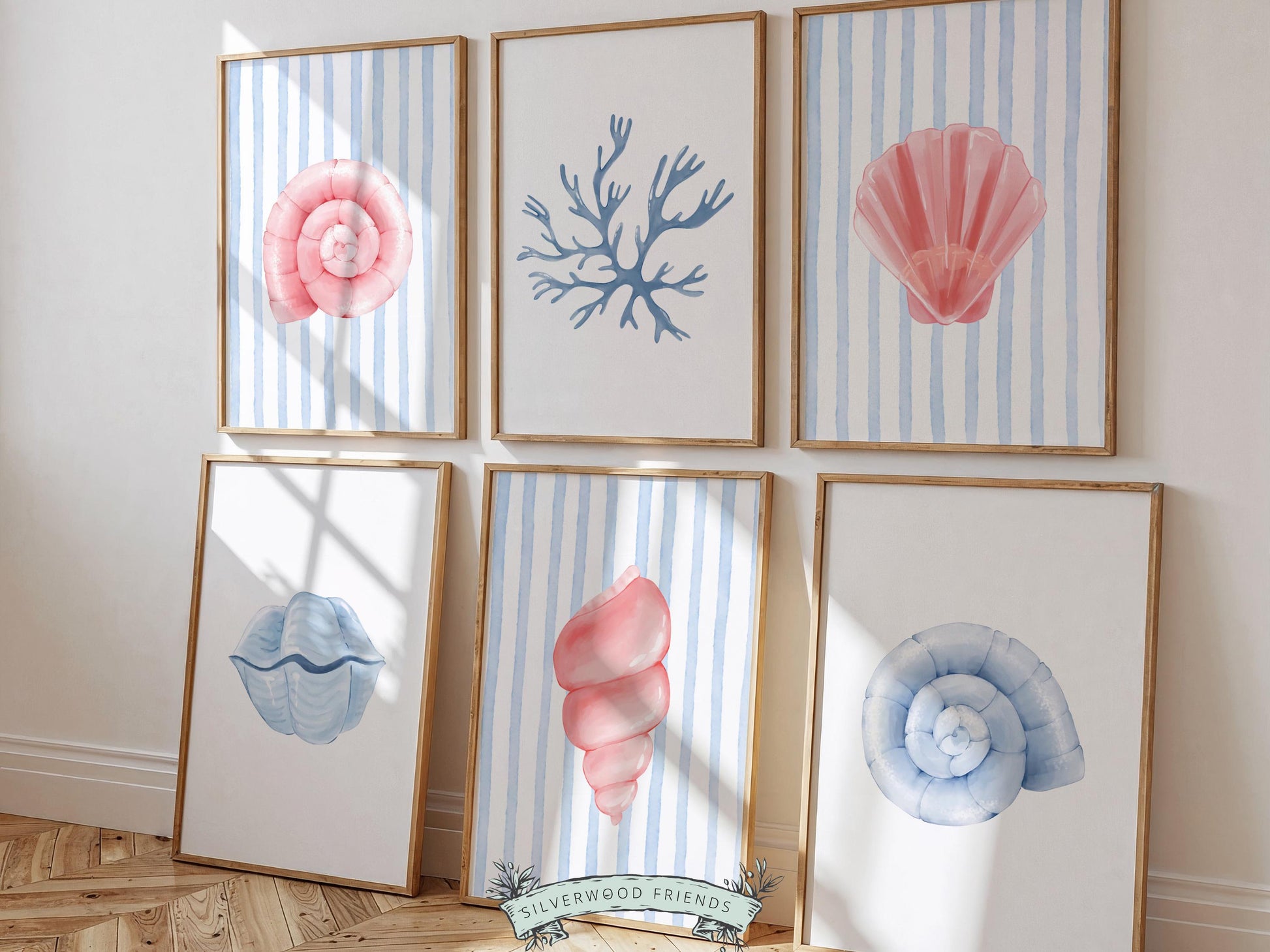 Seashell Prints Set of 6, Pastel Beach House Shell Wall Decor, Digital Download Prints
