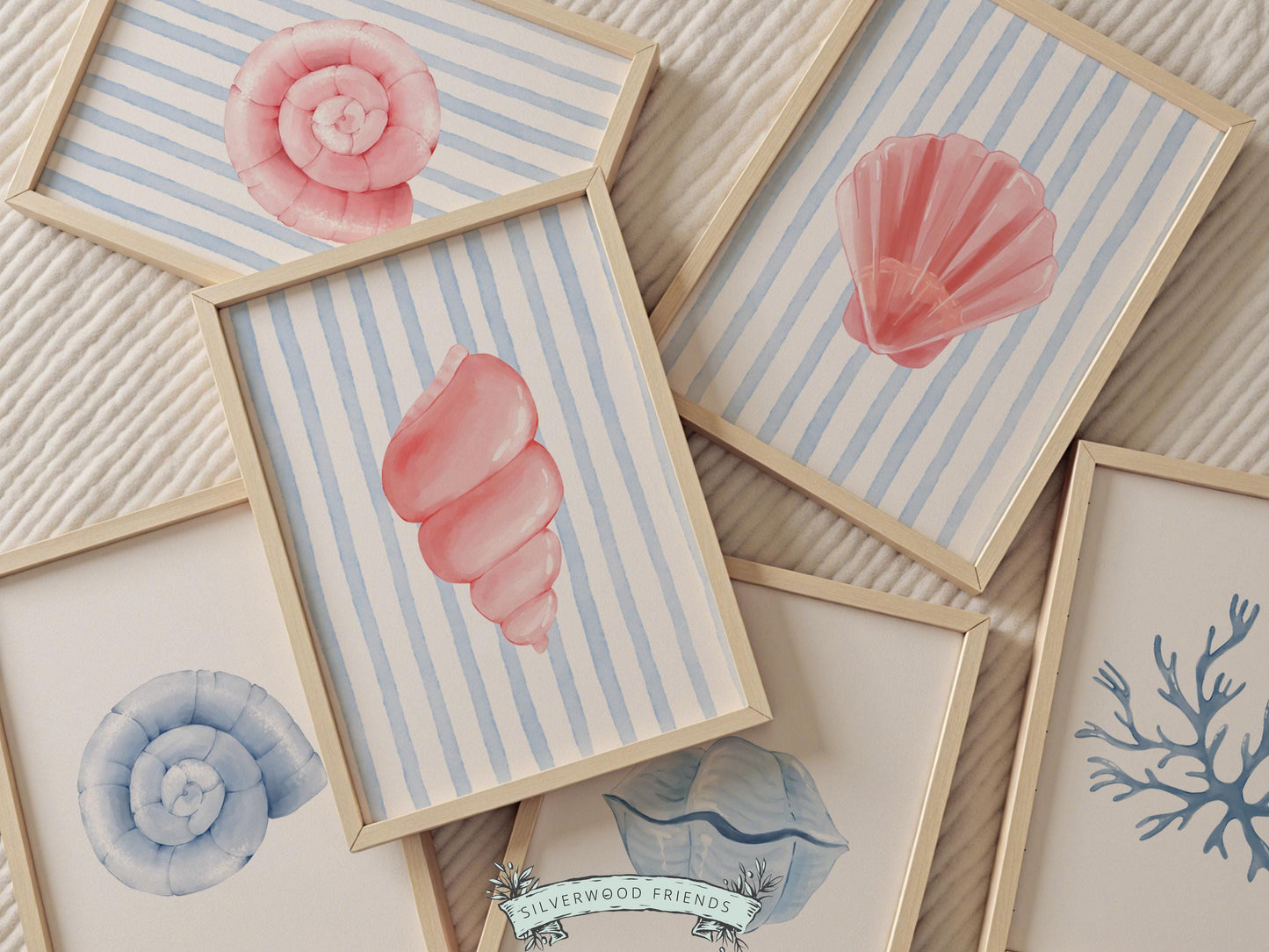 Seashell Prints Set of 6, Pastel Beach House Shell Wall Decor, Digital Download Prints