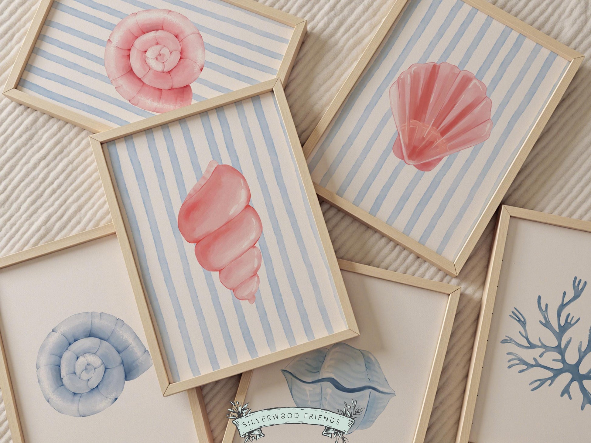 Seashell Prints Set of 6, Pastel Beach House Shell Wall Decor, Digital Download Prints