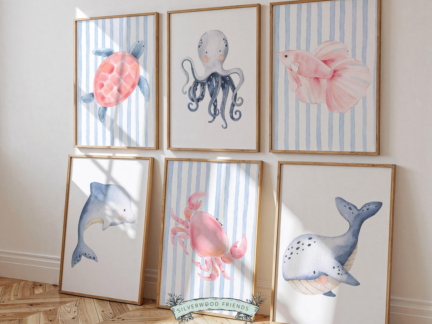 Sea Animal Nursery Print Set of 6, Under The Sea Decor, Whale Turtle Dolphin Digital Download Prints