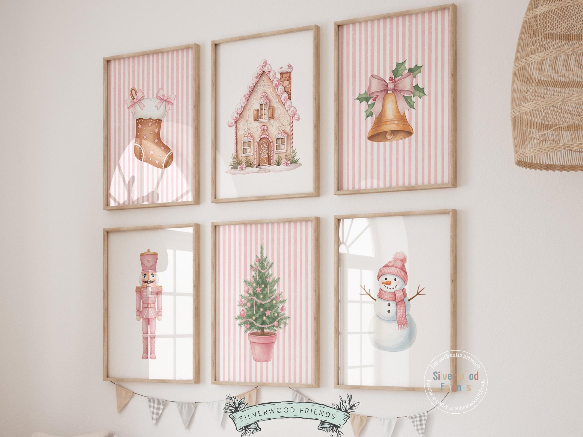 This nostalgic Set of 6 Pink Christmas Prints features classic watercolor Christmas elements. Designed for nurseries and cozy homes alike, this charming trio brings warm Christmas magic and timeless storybook charm to any space.
