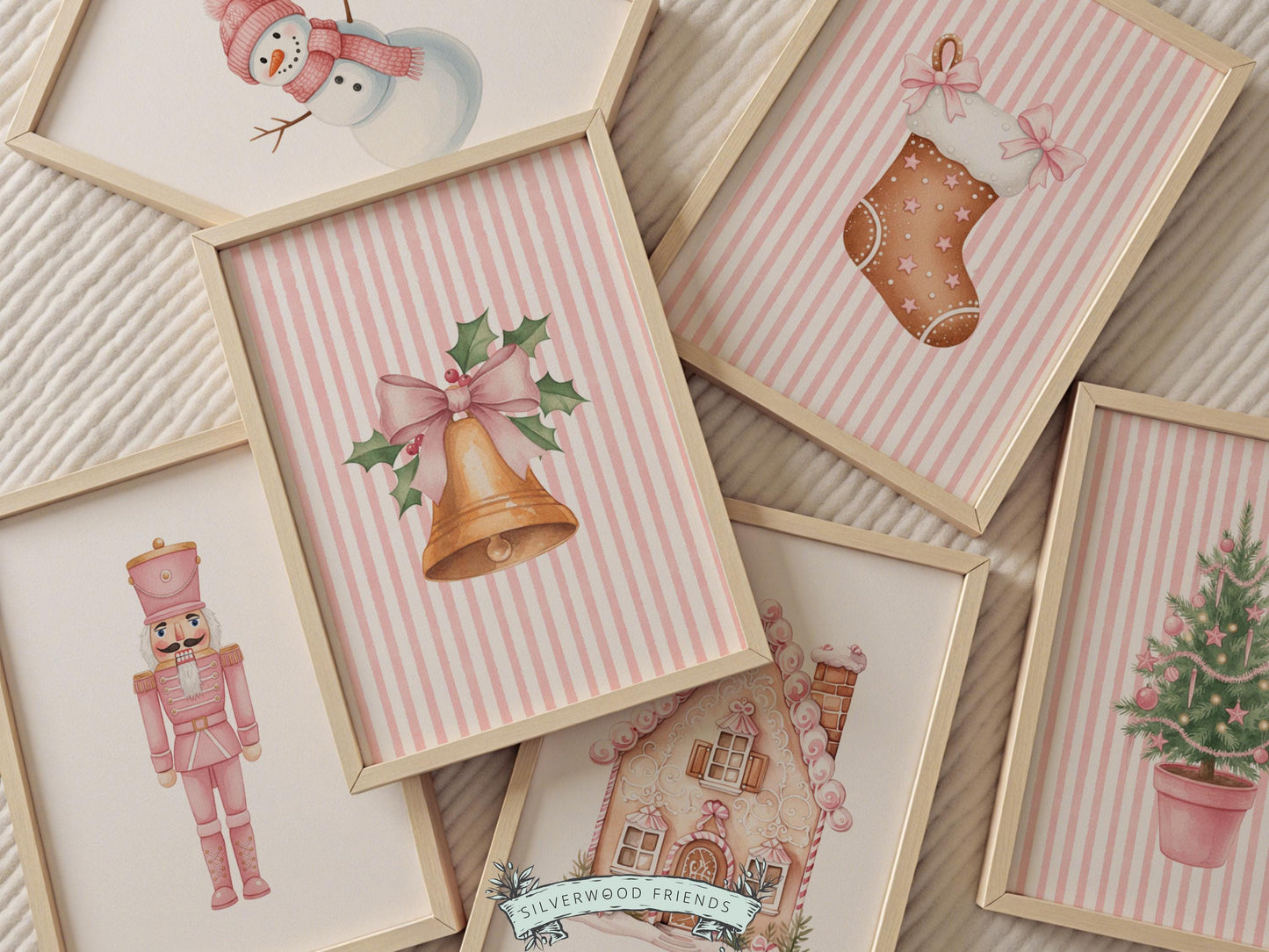 Set of 6 Pink Christmas Prints, Baby Girl Christmas Nursery Prints, Gingerbread Nutcracker Snowman Digital Download Print