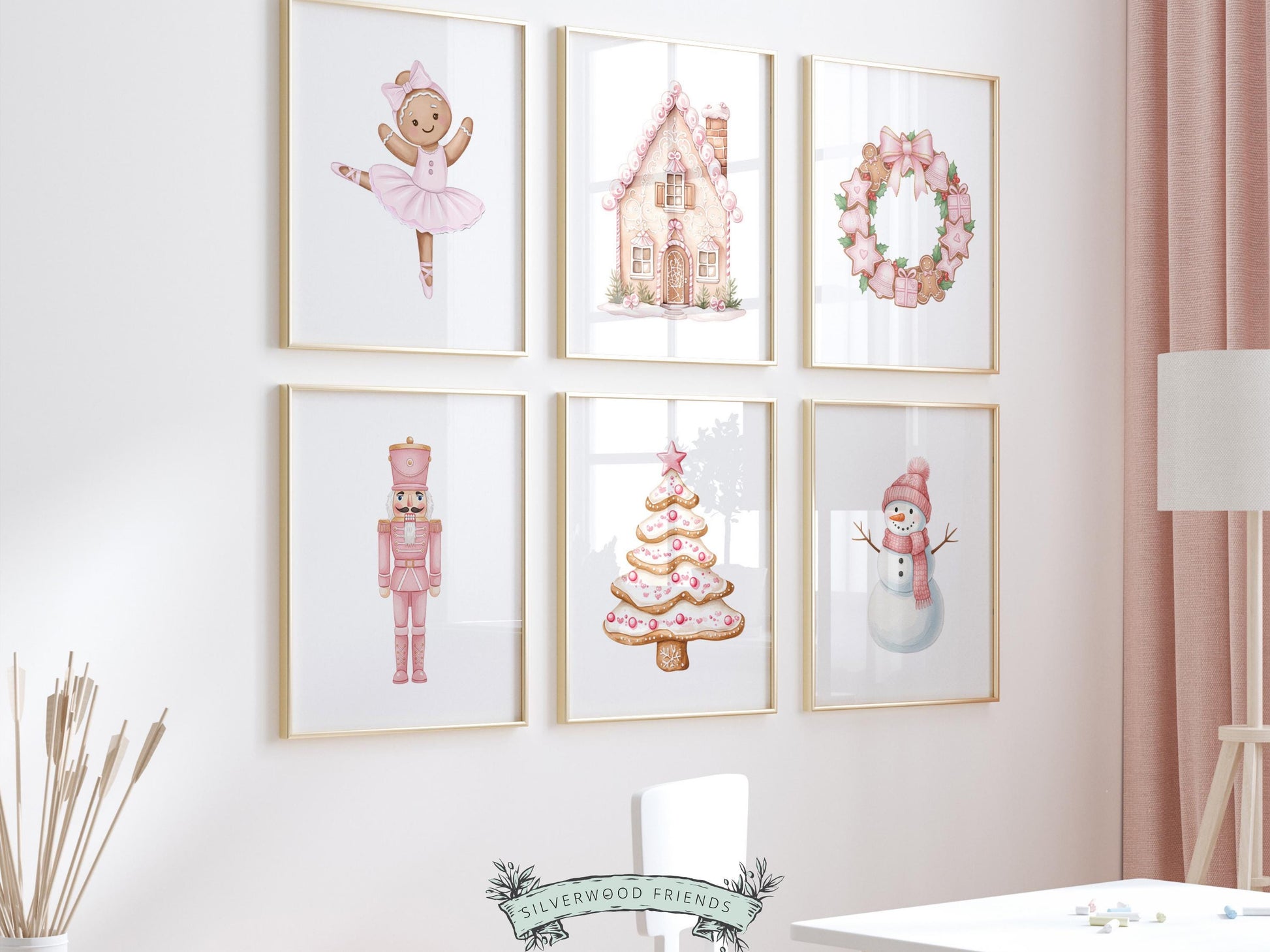 Set of 6 Pink Christmas Prints, Baby Girl Christmas Nursery Decor, Gingerbread Digital Download Print