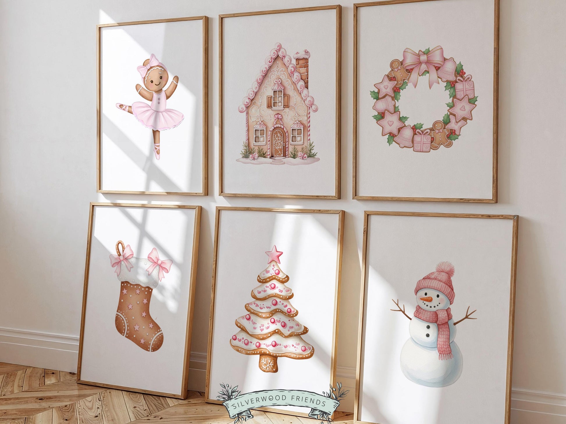 Set of 6 Pink Christmas Prints, Baby Girl Christmas Nursery Decor, Gingerbread Digital Download Print