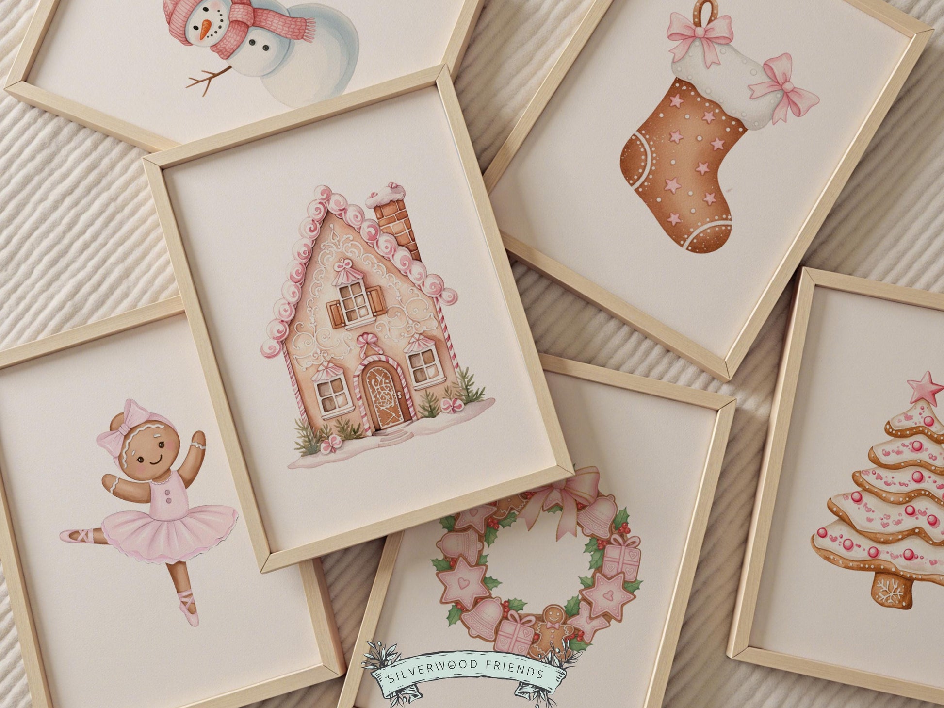 Set of 6 Pink Christmas Prints, Baby Girl Christmas Nursery Decor, Gingerbread Digital Download Print