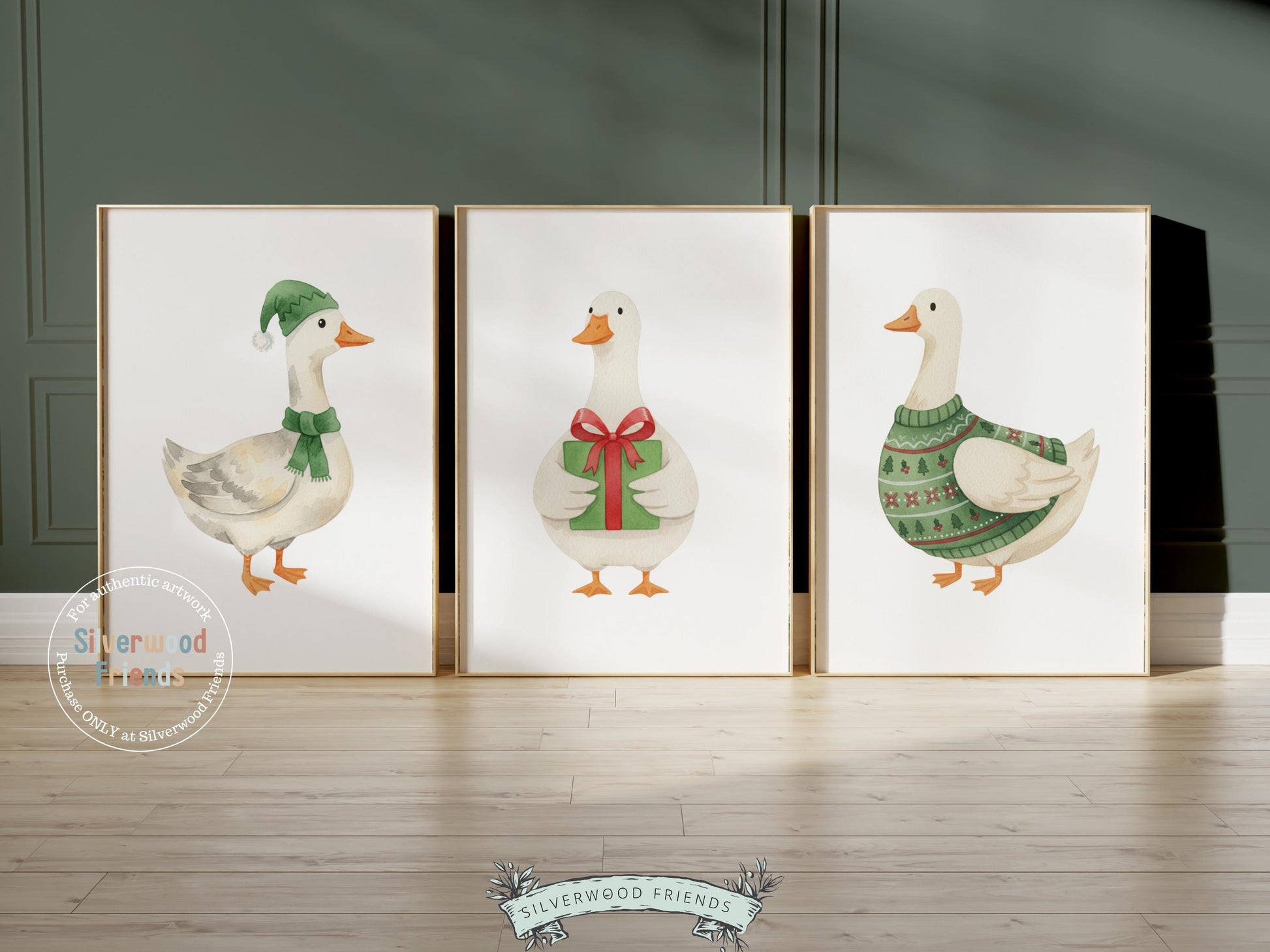 Set of 3 Sage Green Christmas Duck Nursery Prints, Silly Goose Nursery Decor, Digital Download Print
