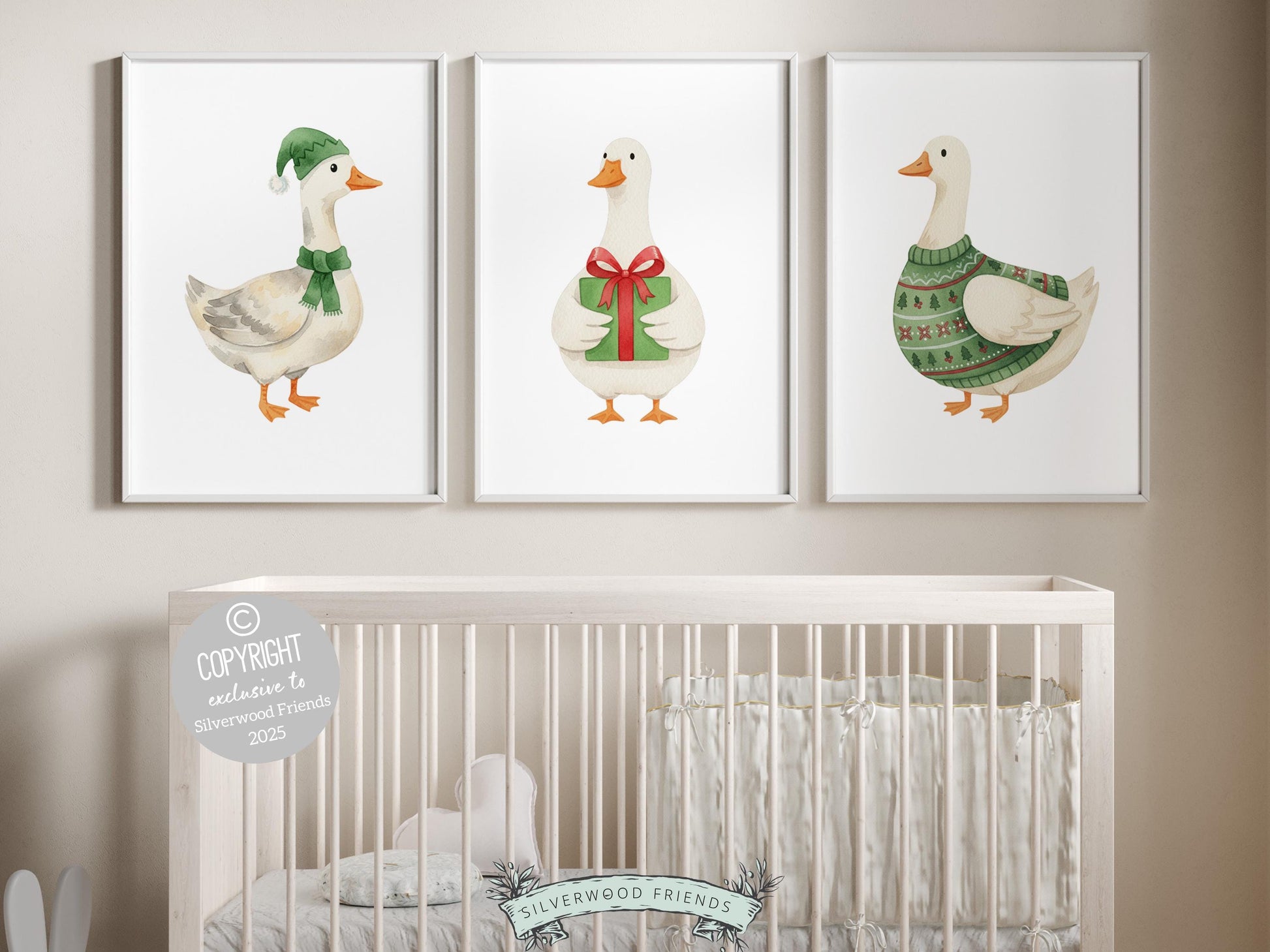 Set of 3 Sage Green Christmas Duck Nursery Prints, Silly Goose Nursery Decor, Digital Download Print