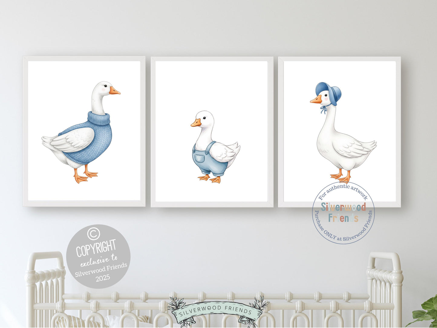 Set of 3 Duck Nursery Prints, Blue Duck Nursery Decor, Gender Neutral Duck Nursery Wall Art, Digital Download