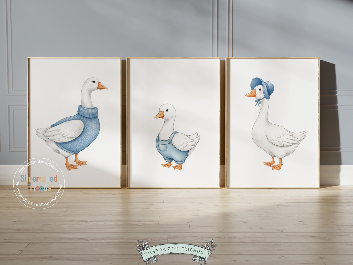Set of 3 Duck Nursery Prints, Blue Duck Nursery Decor, Gender Neutral Duck Nursery Wall Art, Digital Download