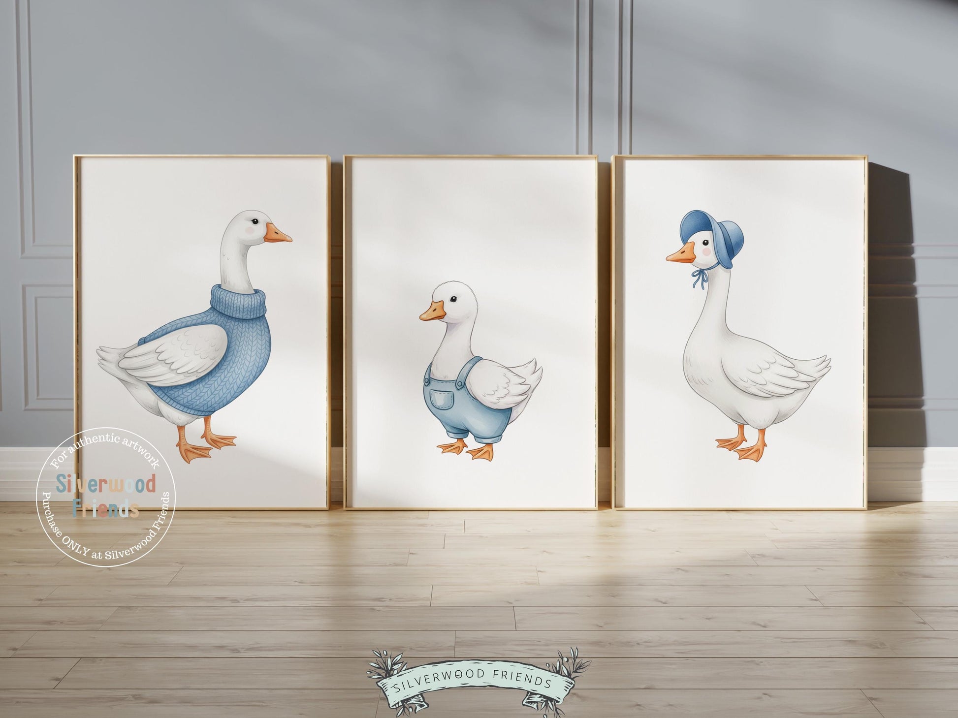 Set of 3 Duck Nursery Prints, Blue Duck Nursery Decor, Gender Neutral Duck Nursery Wall Art, Digital Download