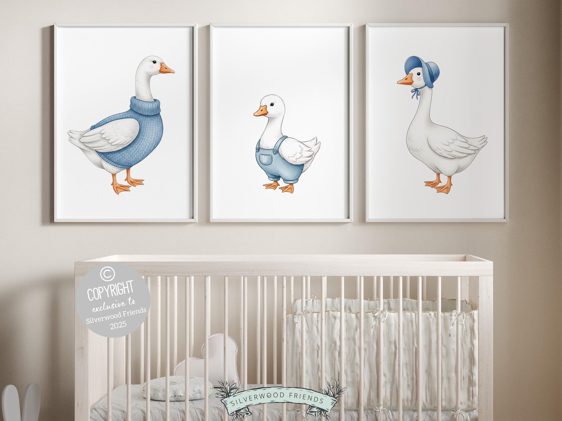 Set of 3 Duck Nursery Prints, Blue Duck Nursery Decor, Gender Neutral Duck Nursery Wall Art, Digital Download