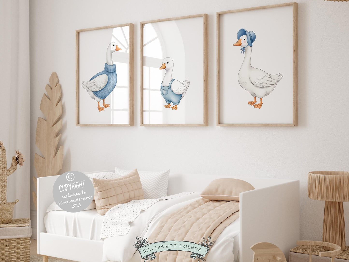 Our charming Duck Prints, featuring adorable ducks and duckling wearing blue outfits, and brings a touch of warmth and whimsy to any space—perfect for both nursery and mudroom decor. A versatile, gender-neutral baby shower gift that will be cherished for years to come!