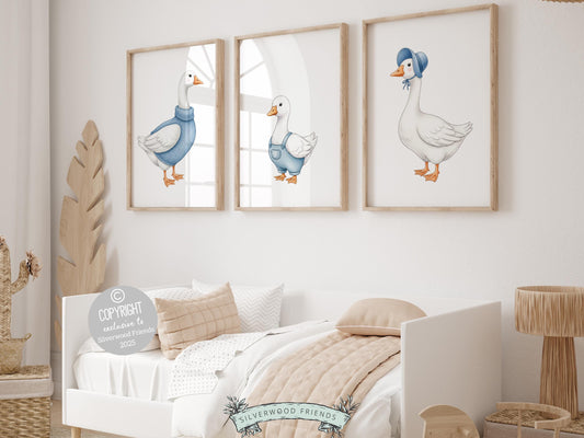 Our charming Duck Prints, featuring adorable ducks and duckling wearing blue outfits, and brings a touch of warmth and whimsy to any space—perfect for both nursery and mudroom decor. A versatile, gender-neutral baby shower gift that will be cherished for years to come!