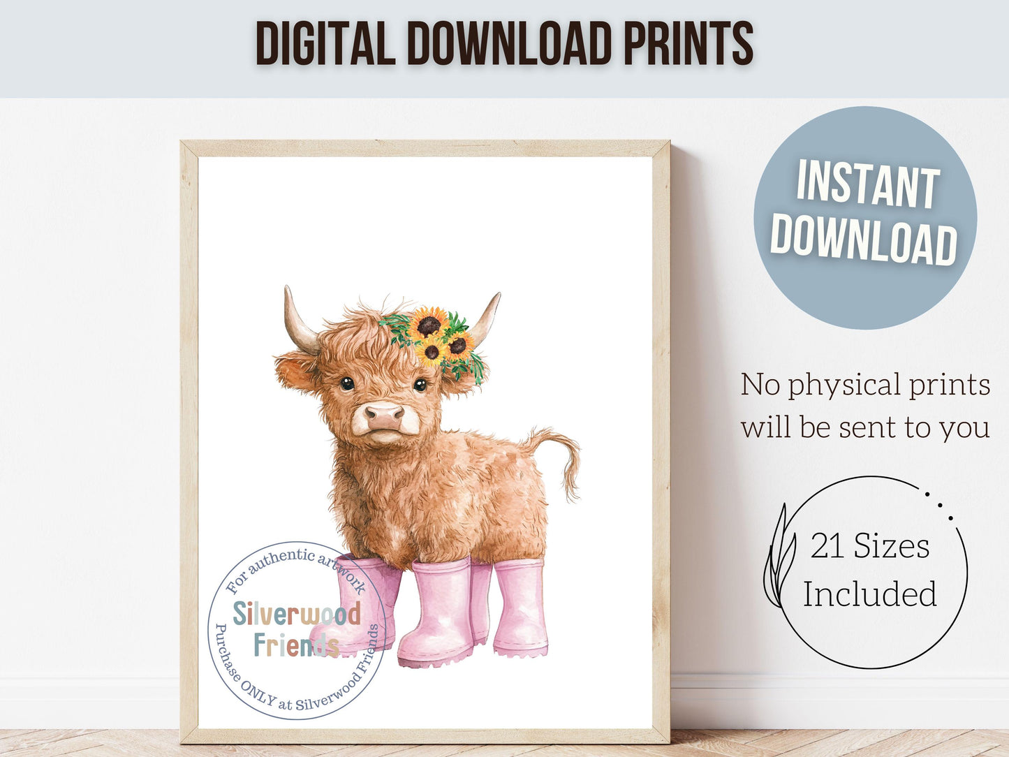 Highland Cow Nursery Print, Baby Girl Pink Highland Cow Sunflower Nursery Decor Gift, Baby Girl Farm Bedroom Floral Wall Decor Digital Print