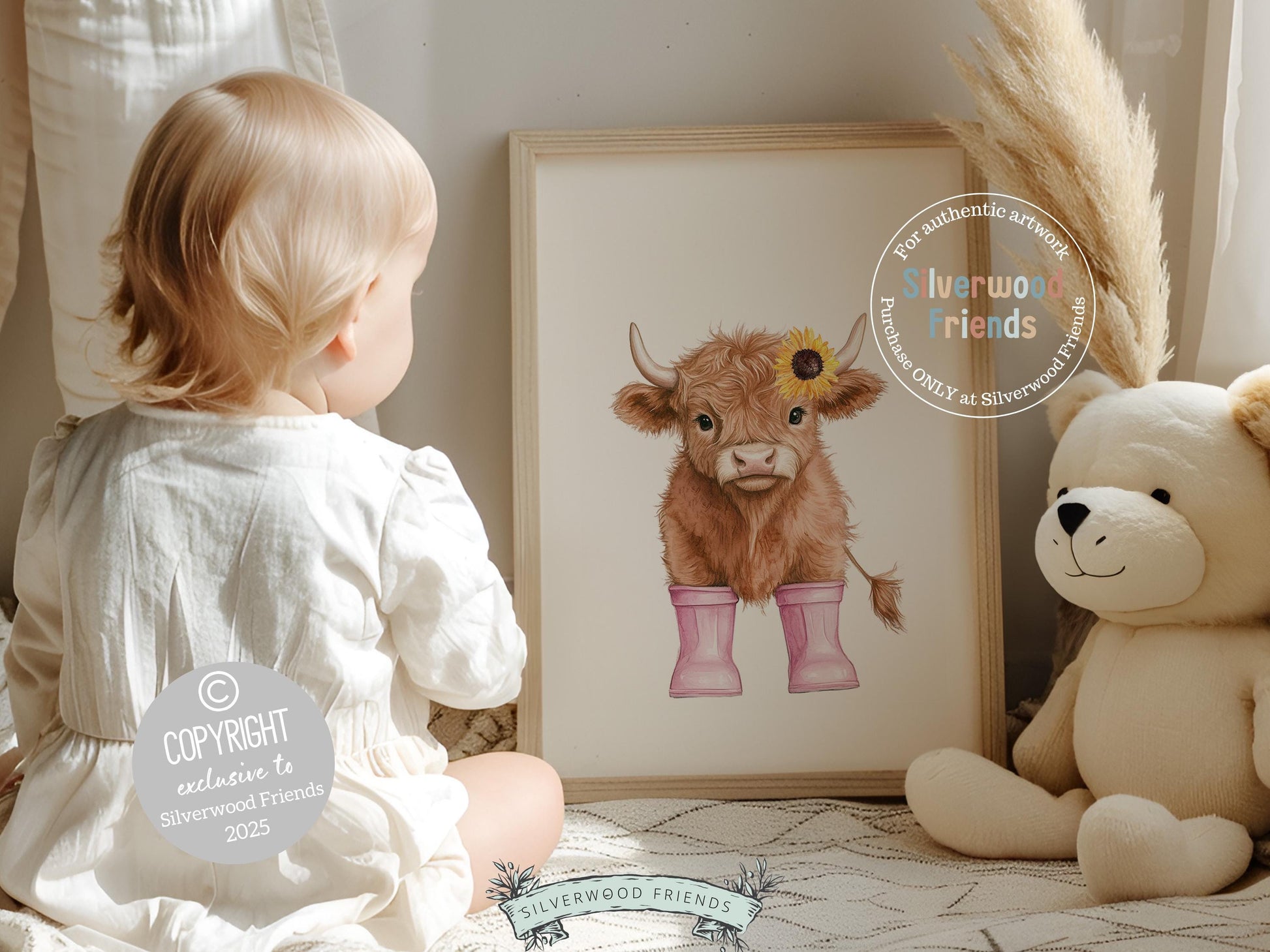 Highland Cow Nursery Print, Baby Girl Pink Highland Cow Sunflower Nursery Decor Gift, Baby Girl Farm Bedroom Floral Wall Decor Digital Print