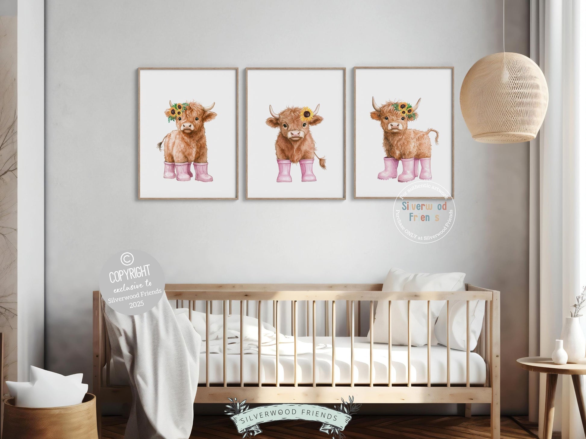 Highland Cow Nursery Print, Baby Girl Pink Highland Cow Sunflower Nursery Decor Gift, Baby Girl Farm Bedroom Floral Wall Decor Digital Print