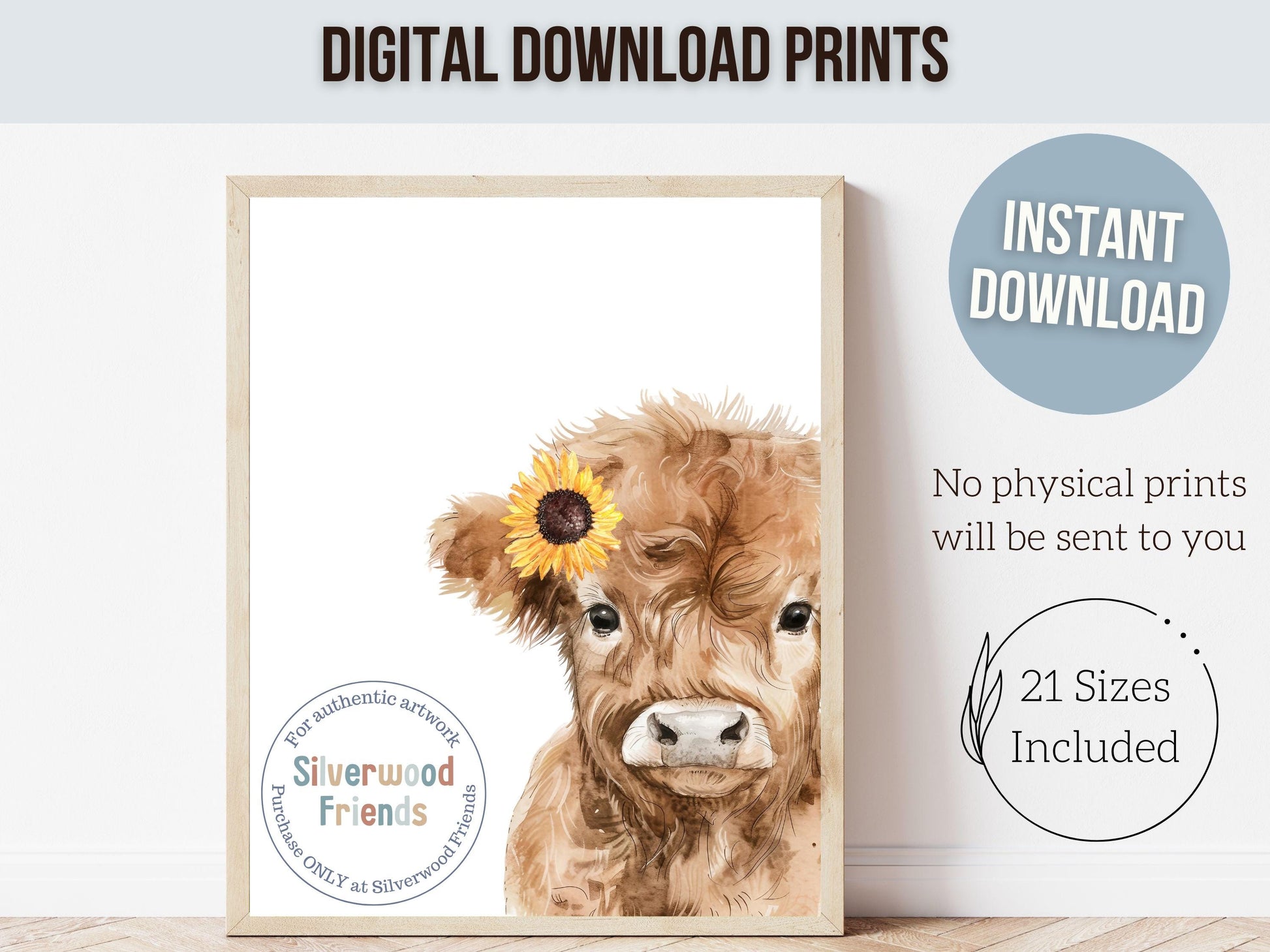 Peeking Highland Cow Sunflower Nursery Print, Highland Cow Sunflower Nursery Decor, Kids Farm Bedroom Wall Decor Digital Print