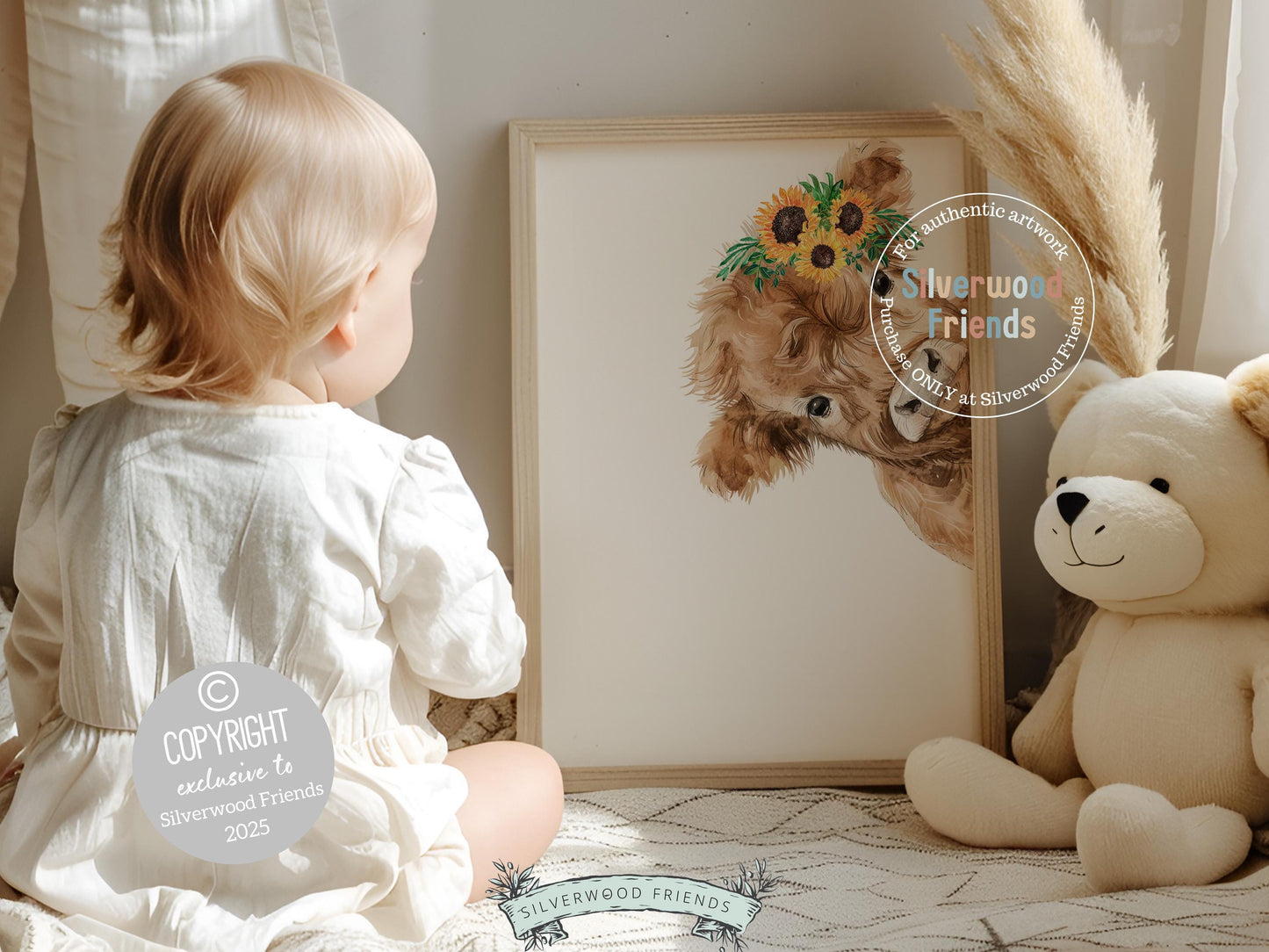 Peeking Highland Cow Sunflower Nursery Print, Highland Cow Sunflower Nursery Decor, Kids Farm Bedroom Wall Decor Digital Print