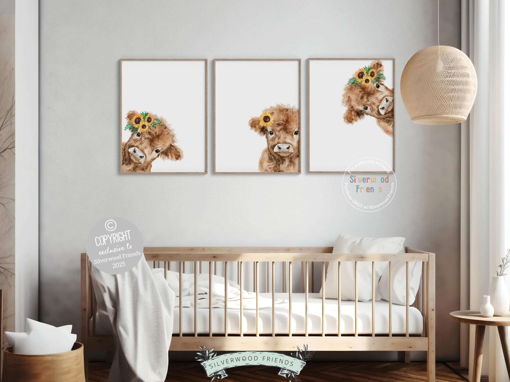 Peeking Highland Cow Sunflower Nursery Print, Highland Cow Sunflower Nursery Decor, Kids Farm Bedroom Wall Decor Digital Print