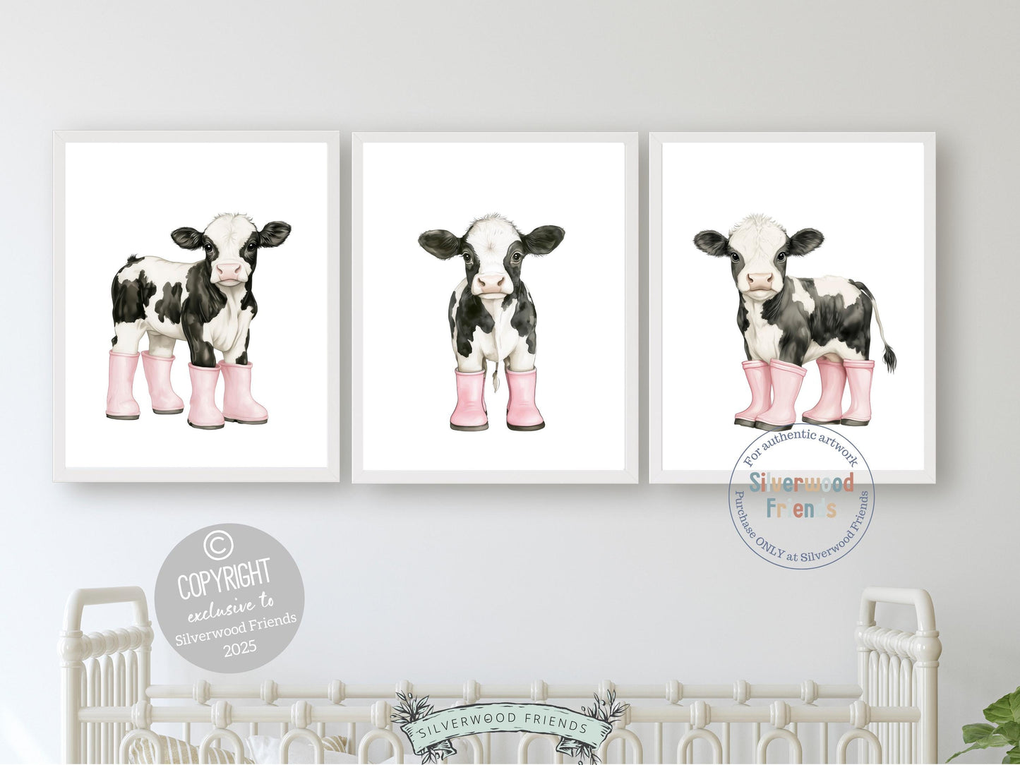 Cow Nursery Print, Pink Cow Nursery Decor, Black and White Holstein Friesian Cow Picture, Cowgirl Western Nursery Decor Digital Print