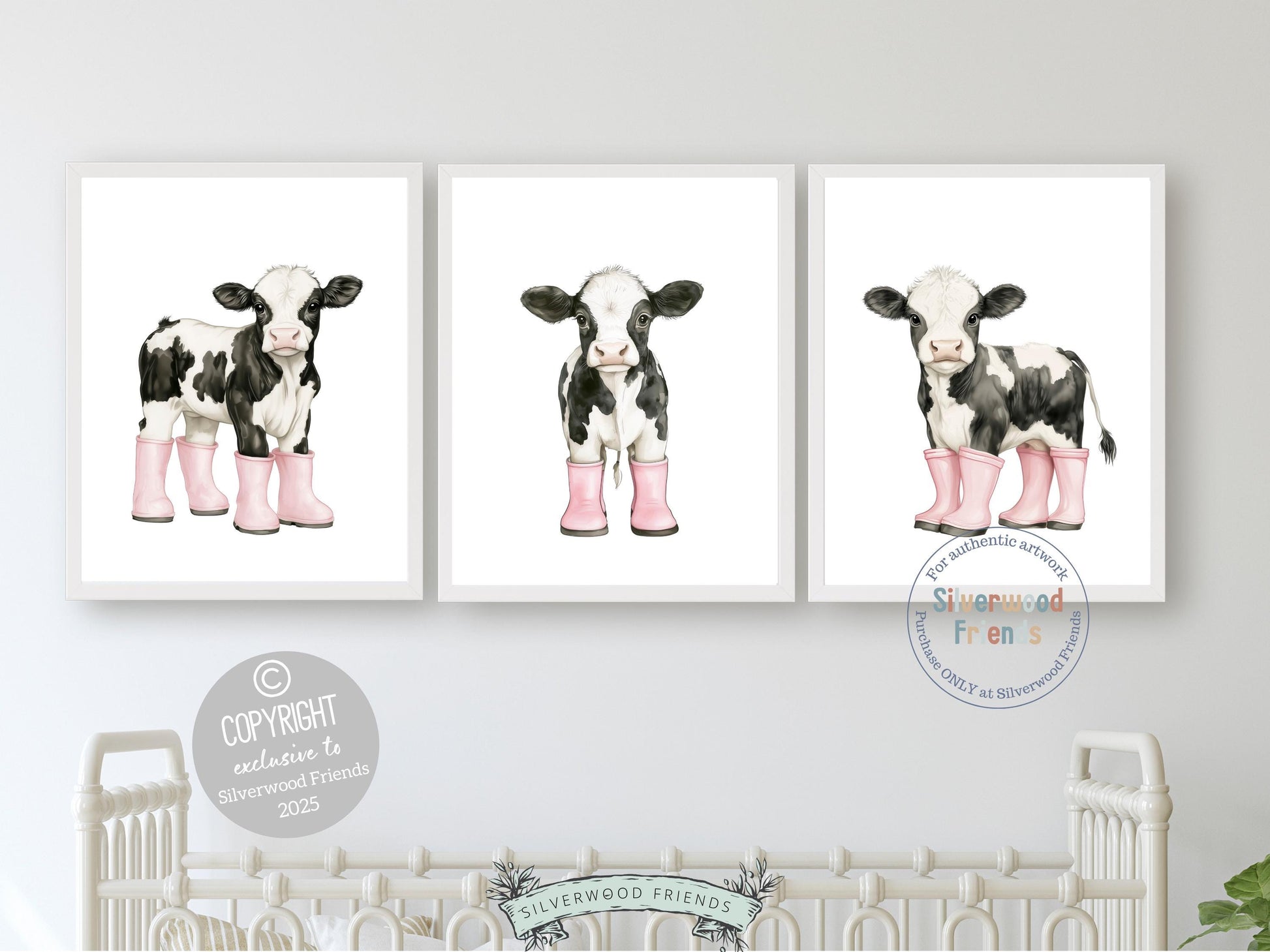 Cow Nursery Print, Pink Cow Nursery Decor, Black and White Holstein Friesian Cow Picture, Cowgirl Western Nursery Decor Digital Print