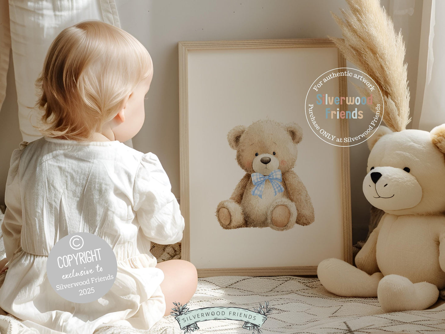 Teddy Bear Nursery Prints, Baby Boy Woodland Teddy Bear Nursery Decor, Teddy Bear Blue Bow Nursery Wall Art Digital Print