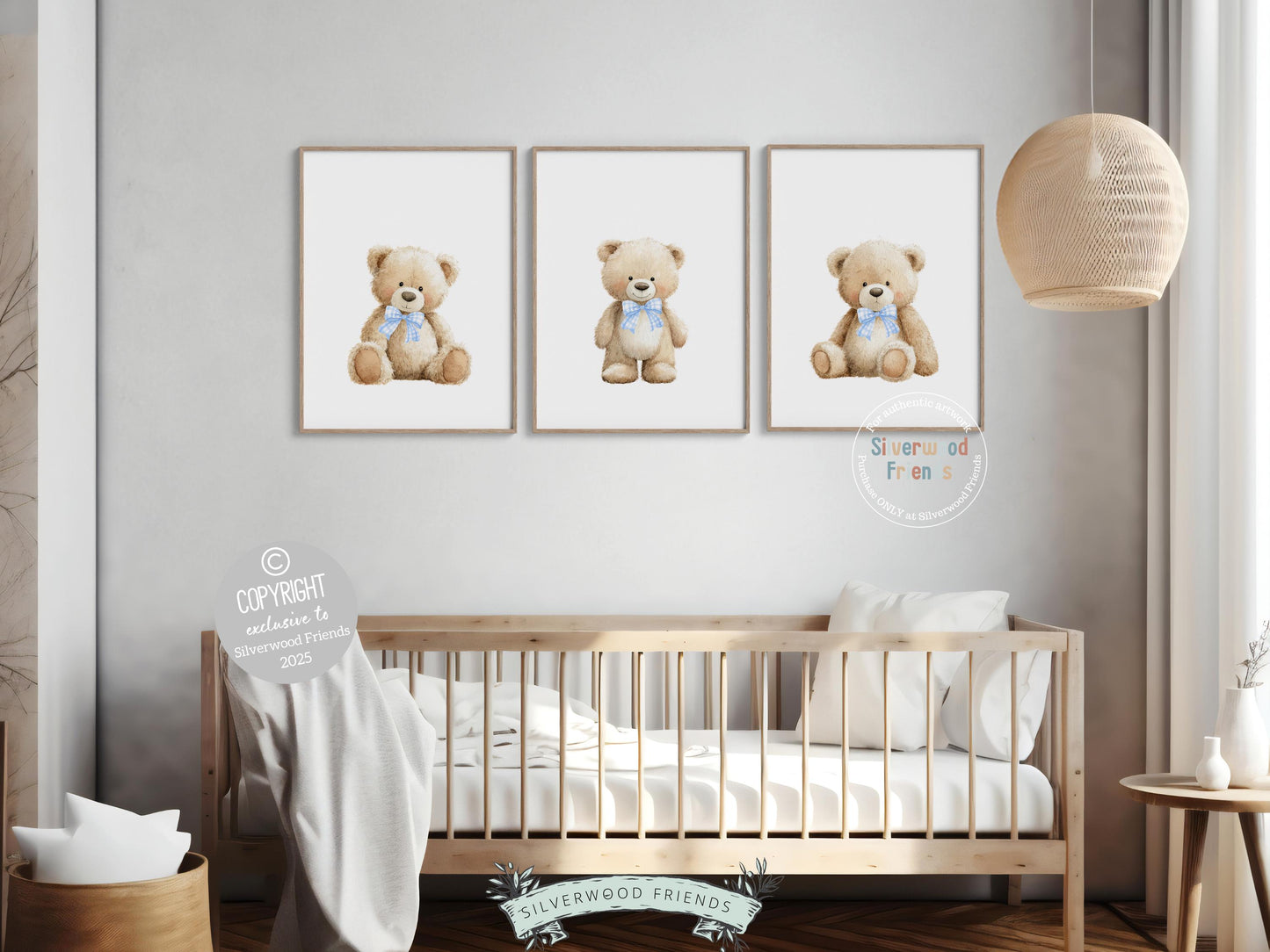 Teddy Bear Nursery Prints, Baby Boy Woodland Teddy Bear Nursery Decor, Teddy Bear Blue Bow Nursery Wall Art Digital Print