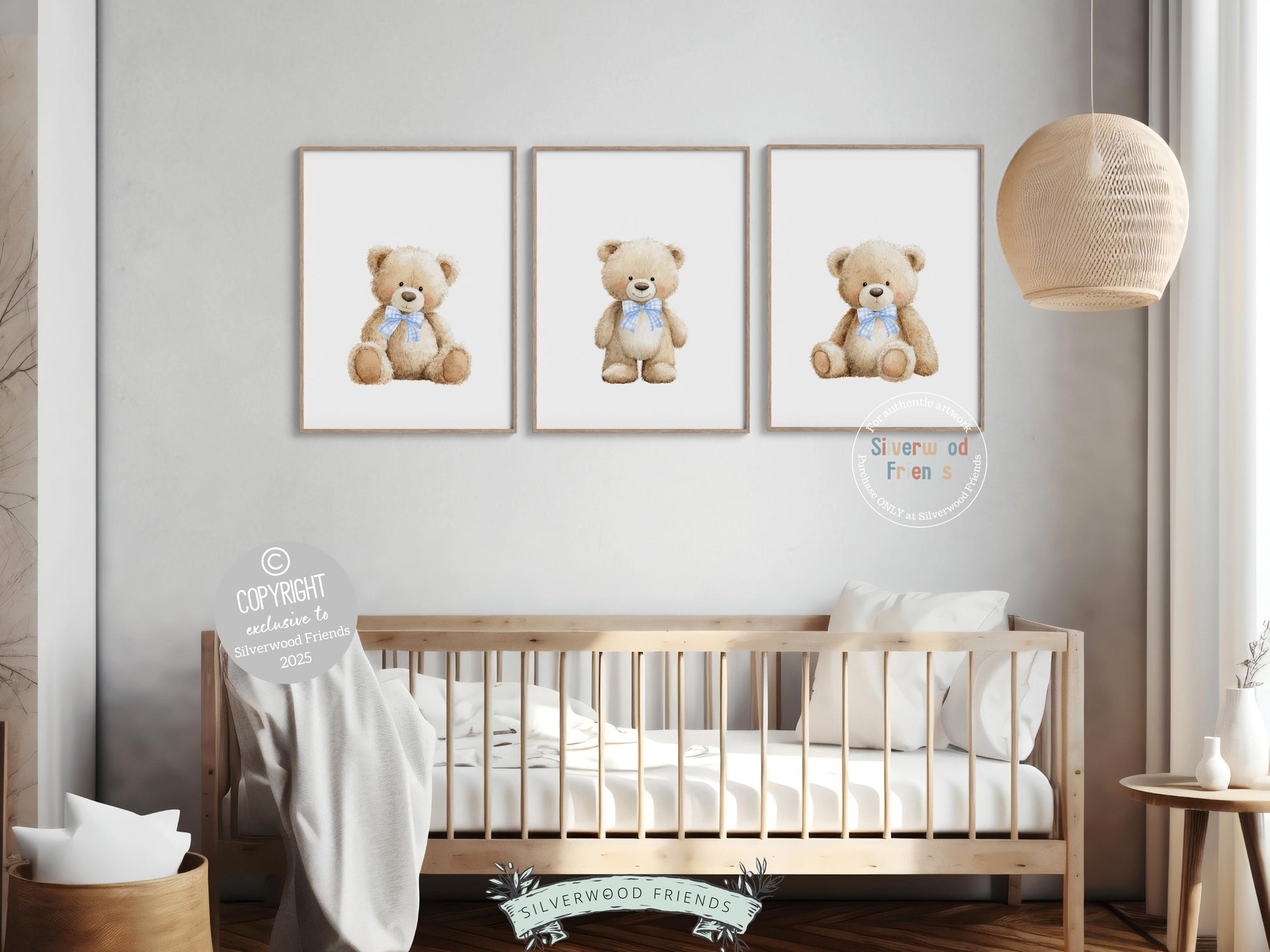 Teddy Bear Nursery Prints, Baby Boy Woodland Teddy Bear Nursery Decor, Teddy Bear Blue Bow Nursery Wall Art Digital Print