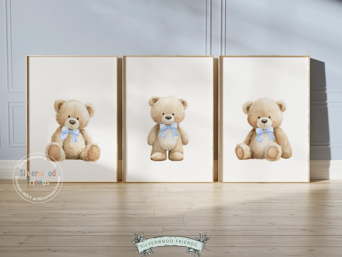 Teddy Bear Nursery Prints, Baby Boy Woodland Teddy Bear Nursery Decor, Teddy Bear Blue Bow Nursery Wall Art Digital Print
