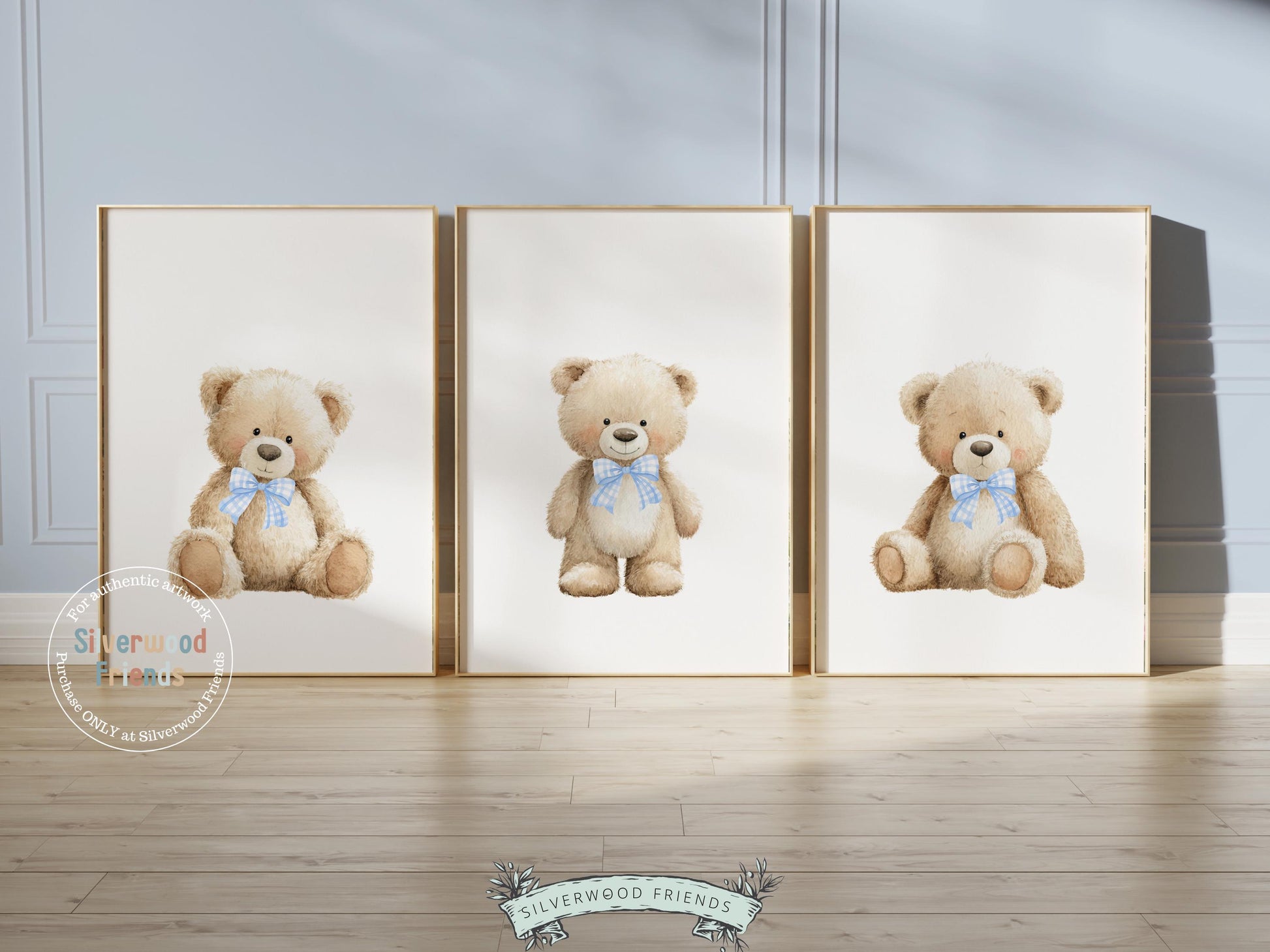 Teddy Bear Nursery Prints, Baby Boy Woodland Teddy Bear Nursery Decor, Teddy Bear Blue Bow Nursery Wall Art Digital Print