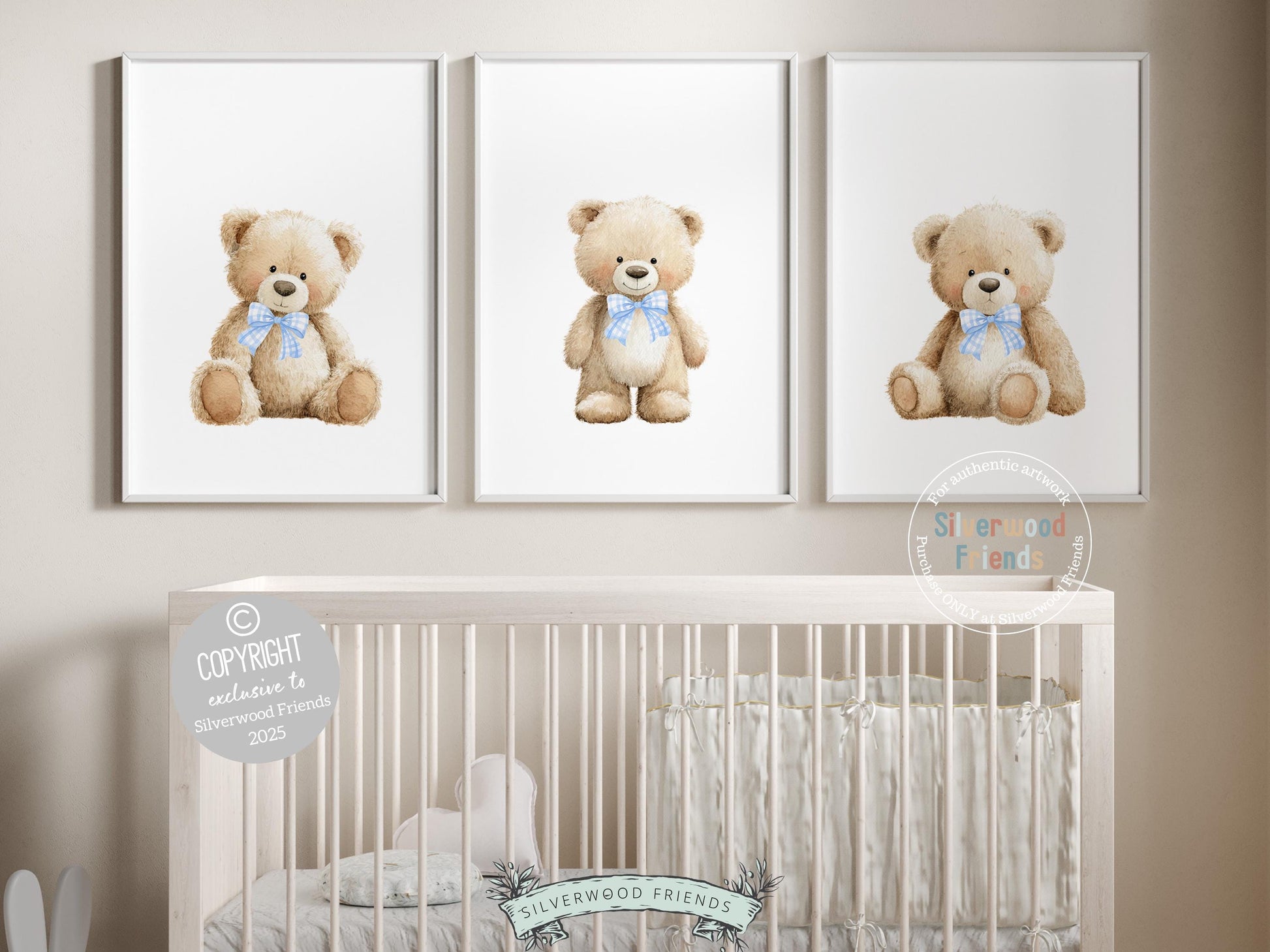 Teddy Bear Nursery Prints, Baby Boy Woodland Teddy Bear Nursery Decor, Teddy Bear Blue Bow Nursery Wall Art Digital Print