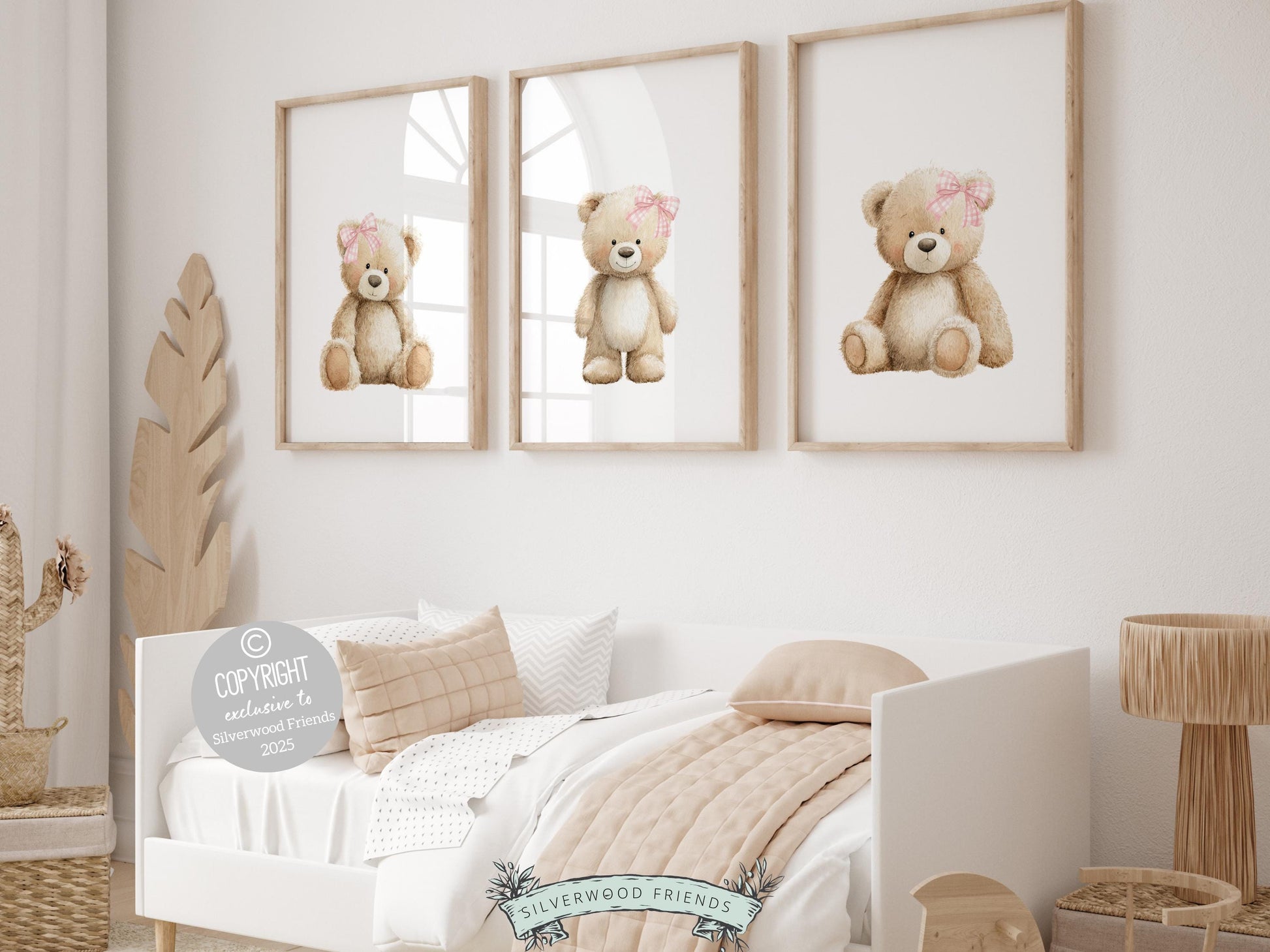 Our delightful minimalist Set of 3 Teddy Bear Nursery Prints features adorable brown teddy bears with wearing pink and white gingham bows. Perfect for your baby girl's bear nursery decor or woodland nursery decor and also makes a unique baby shower gift.