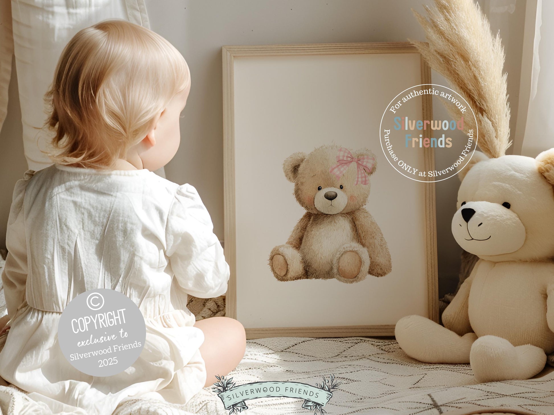 Teddy Bear Nursery Prints, Baby Girl Woodland Teddy Bear Nursery Decor, Teddy Bear Pink Gingham Bow Nursery Wall Art Digital Print