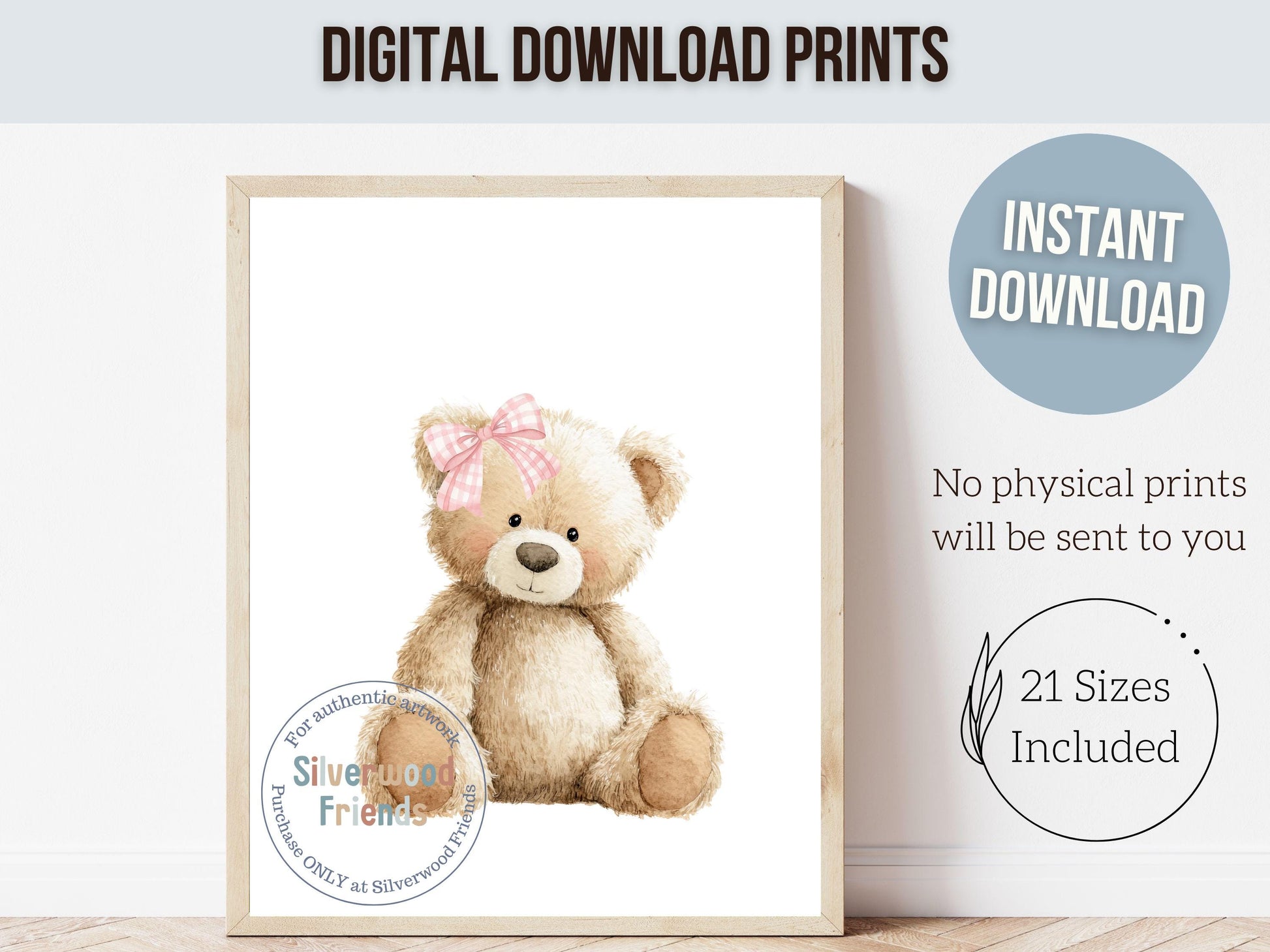 Teddy Bear Nursery Prints, Baby Girl Woodland Teddy Bear Nursery Decor, Teddy Bear Pink Gingham Bow Nursery Wall Art Digital Print
