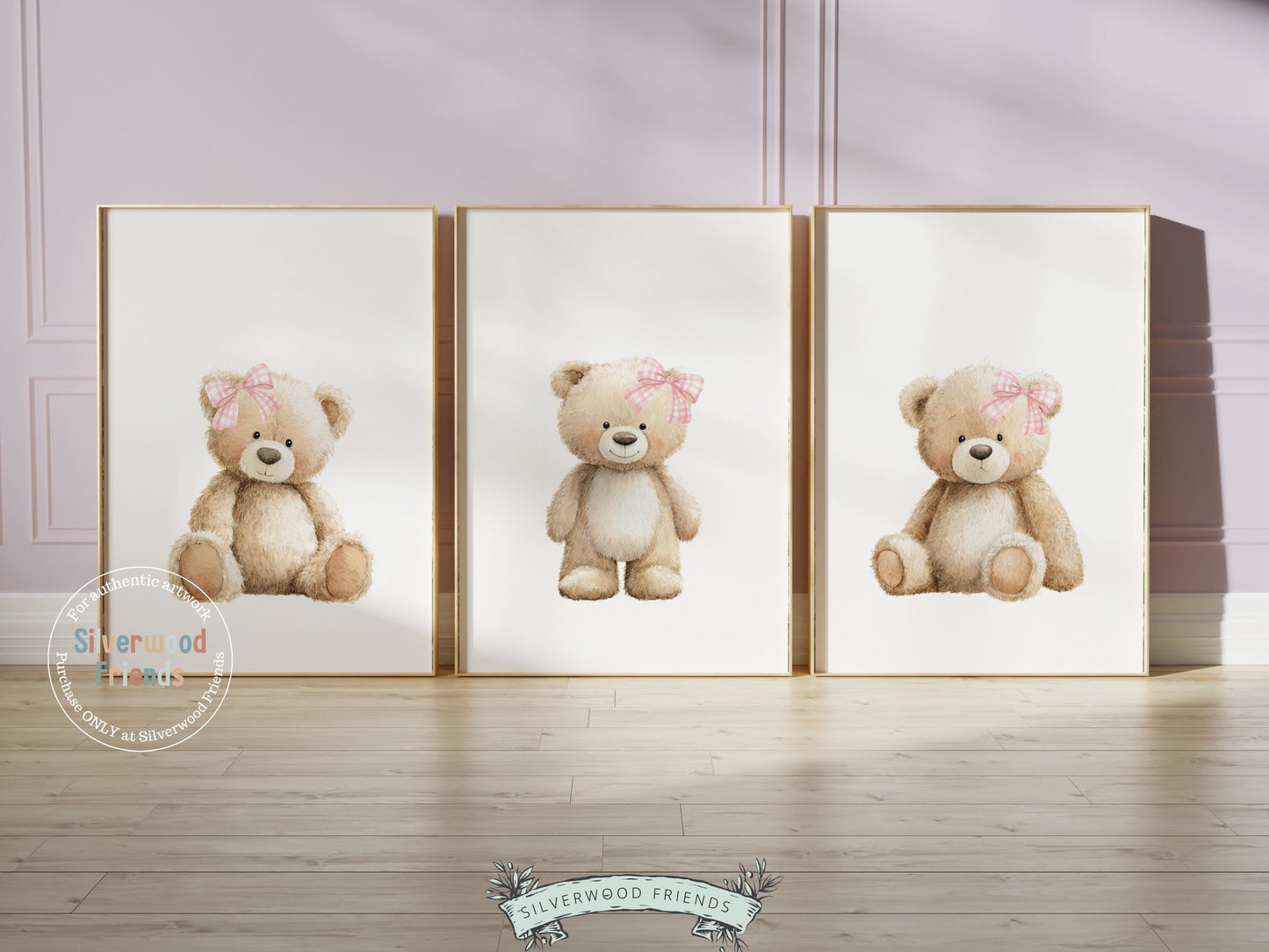 Teddy Bear Nursery Prints, Baby Girl Woodland Teddy Bear Nursery Decor, Teddy Bear Pink Gingham Bow Nursery Wall Art Digital Print