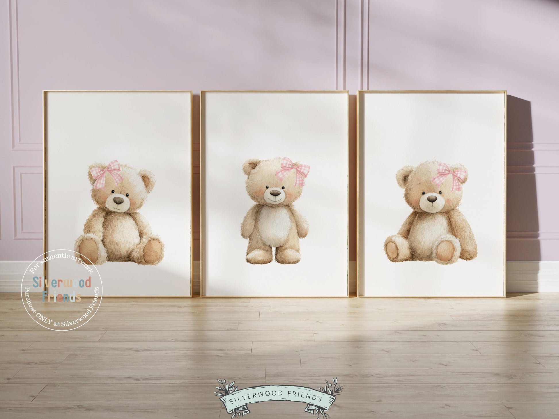 Teddy Bear Nursery Prints, Baby Girl Woodland Teddy Bear Nursery Decor, Teddy Bear Pink Gingham Bow Nursery Wall Art Digital Print