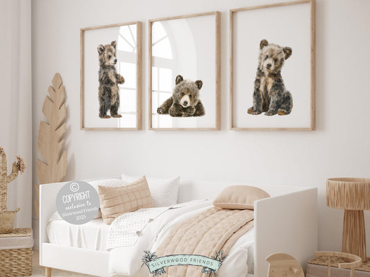 Our delightful minimalist Set of 3 Peeking Bear Nursery Prints features adorable baby brown bears. It's perfect for your bear nursery decor or woodland nursery decor and also makes a unique baby shower gift.
