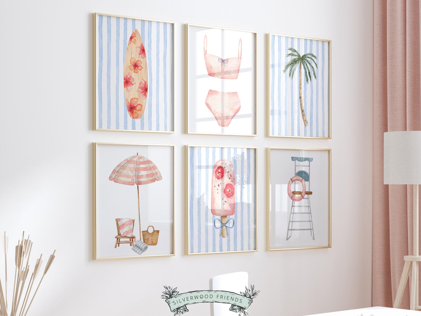 Coastal Nursery Prints, Beachy Surfboard Wall Art, Girls Surf Nursery Wall Art, Girly Beach House Surfing Room Decor Set of 6 Digital Prints