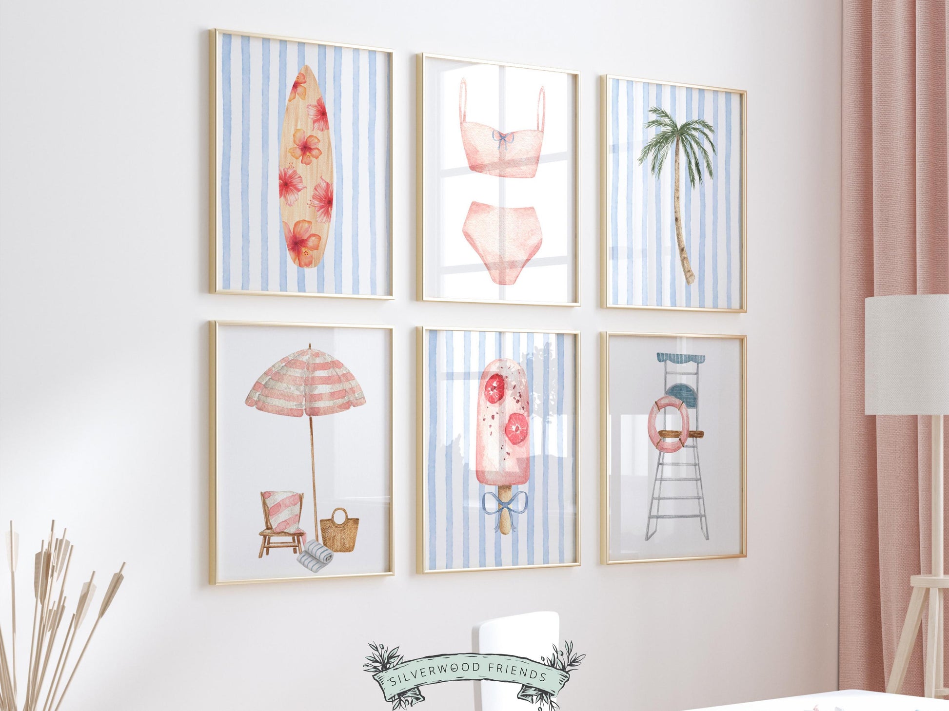 Coastal Nursery Prints, Beachy Surfboard Wall Art, Girls Surf Nursery Wall Art, Girly Beach House Surfing Room Decor Set of 6 Digital Prints