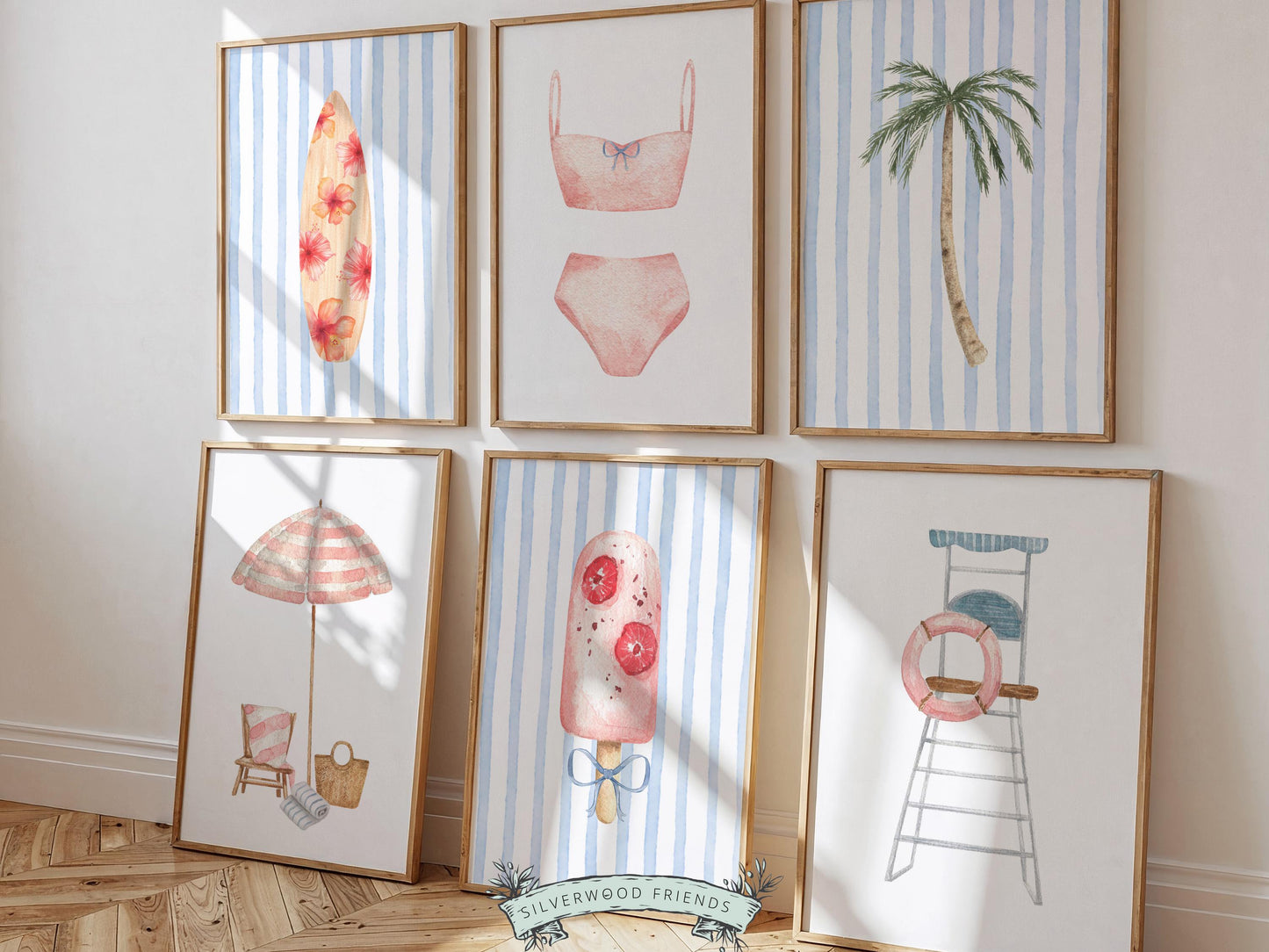 Coastal Nursery Prints, Beachy Surfboard Wall Art, Girls Surf Nursery Wall Art, Girly Beach House Surfing Room Decor Set of 6 Digital Prints