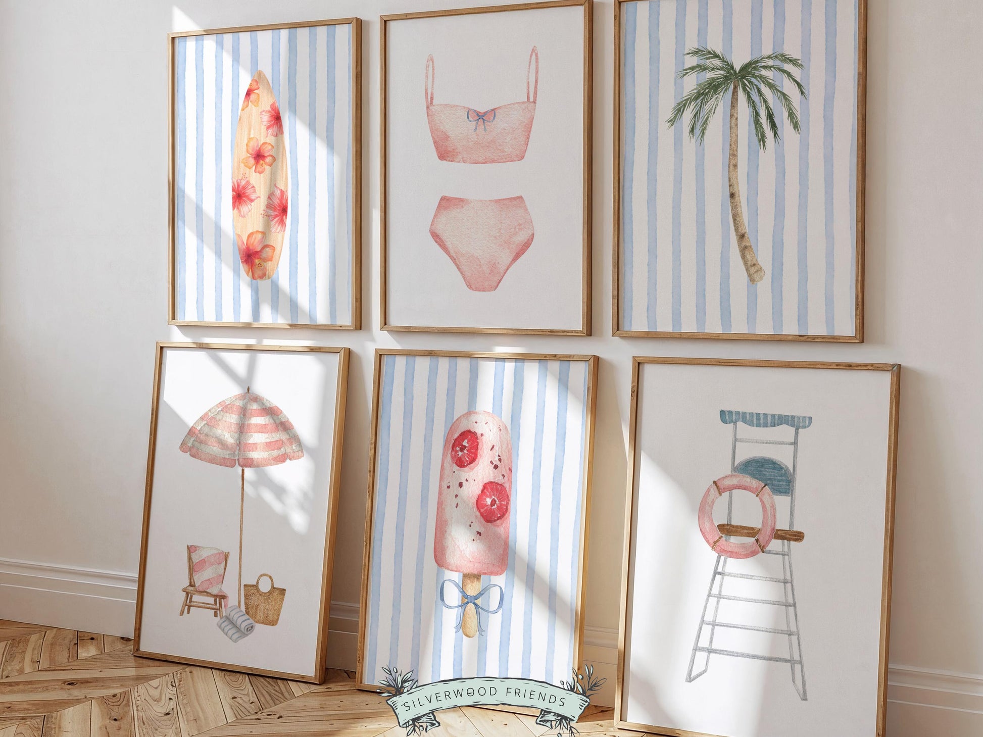Coastal Nursery Prints, Beachy Surfboard Wall Art, Girls Surf Nursery Wall Art, Girly Beach House Surfing Room Decor Set of 6 Digital Prints