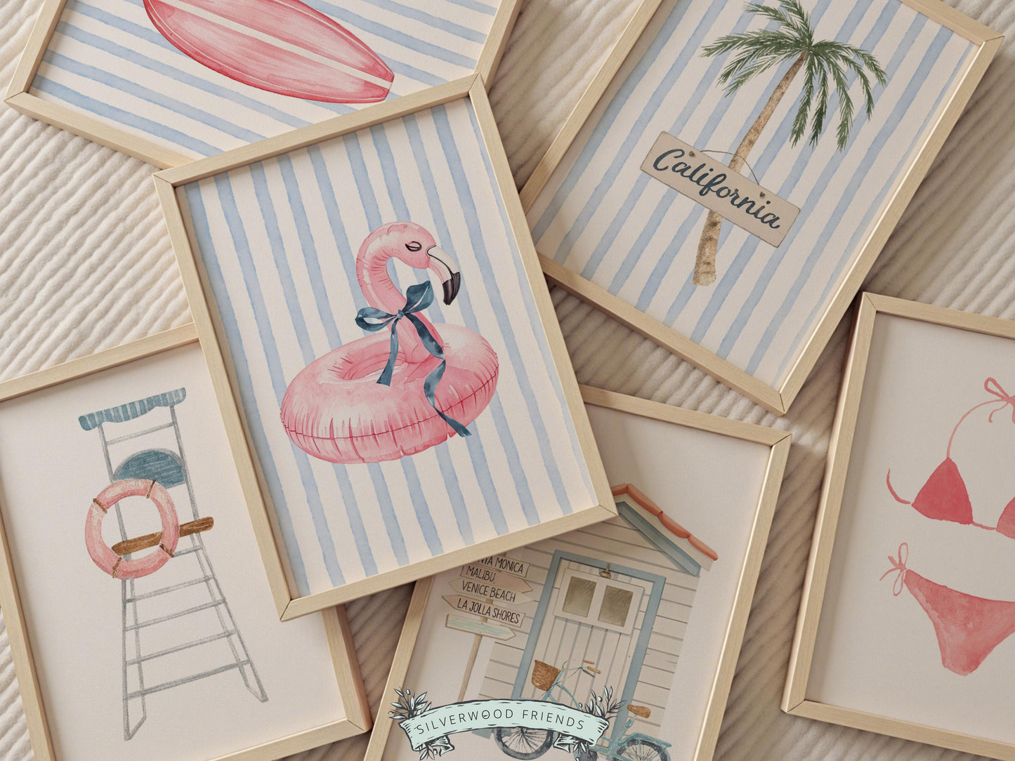 Coastal Beach Nursery Prints, Surfing Beach House Decor, Flamingo Surfboard Bikini Palm Tree Wall Art Set of 6 Digital Download Print