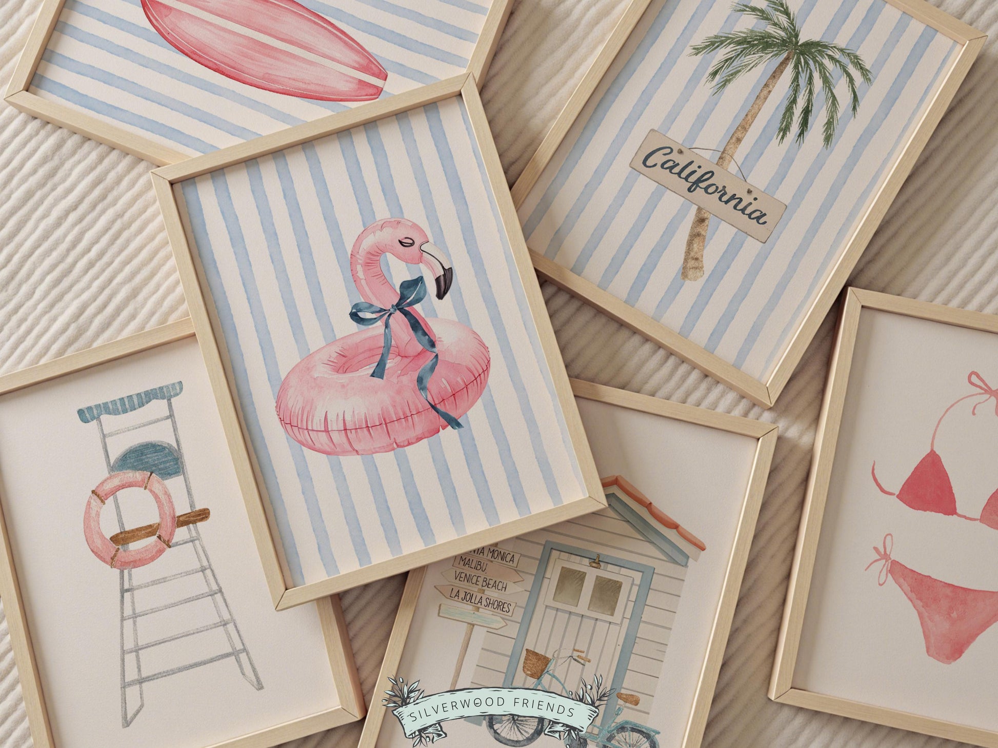 Coastal Beach Nursery Prints, Surfing Beach House Decor, Flamingo Surfboard Bikini Palm Tree Wall Art Set of 6 Digital Download Print
